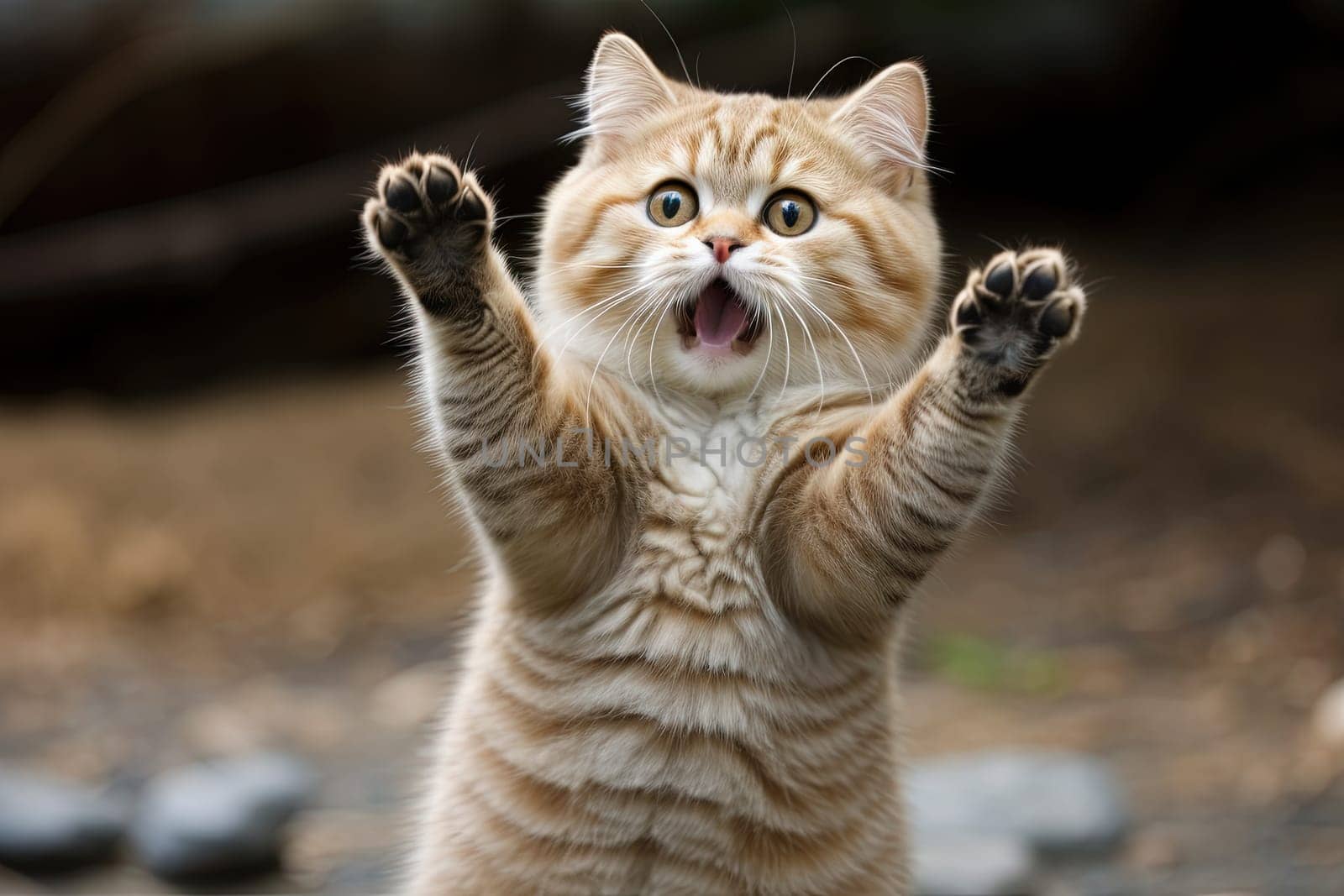 Funny surprised cat with a questioning pose. A cute kitten asks in surprise where the treats are. Generated AI