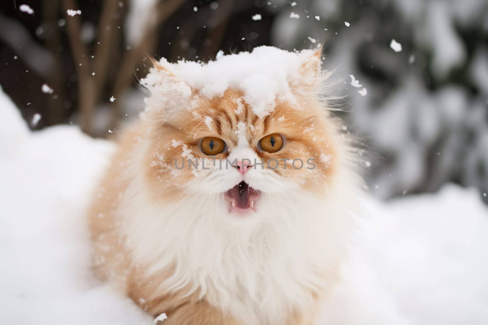 Cat smacked by snowball. Cute kitten with surprised and angry face, hit by snow during winter game. Generated AI