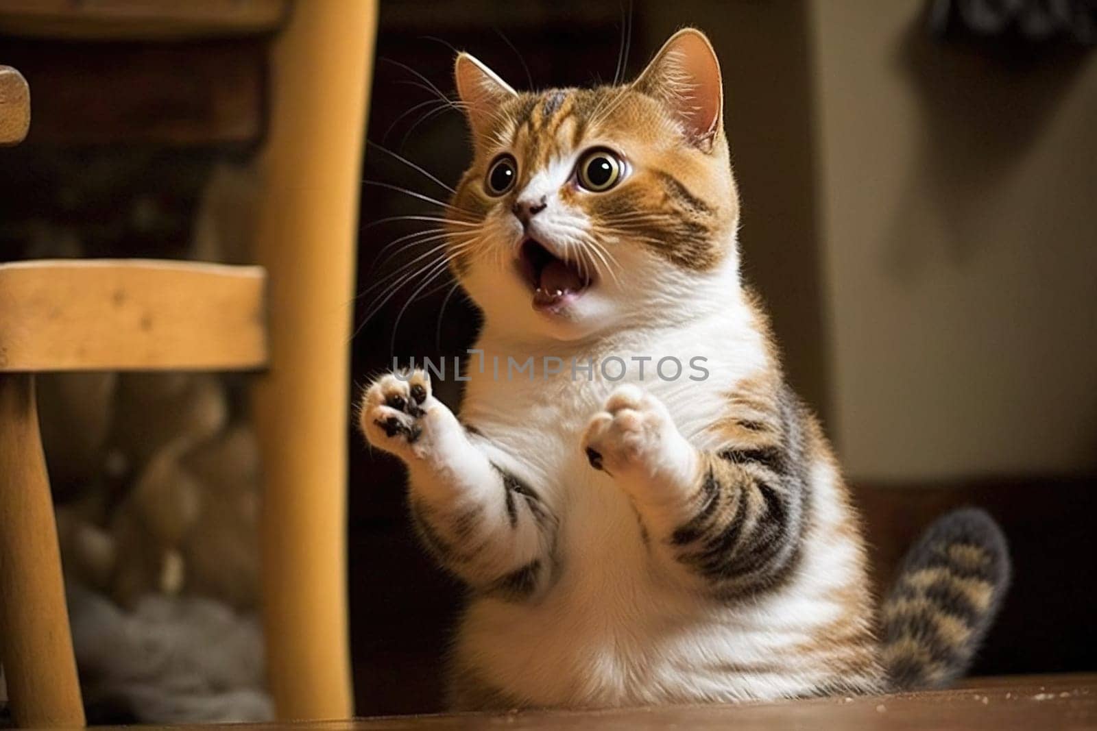 Funny surprised cat with a questioning pose. A cute kitten asks in surprise where the treats are. Generated AI