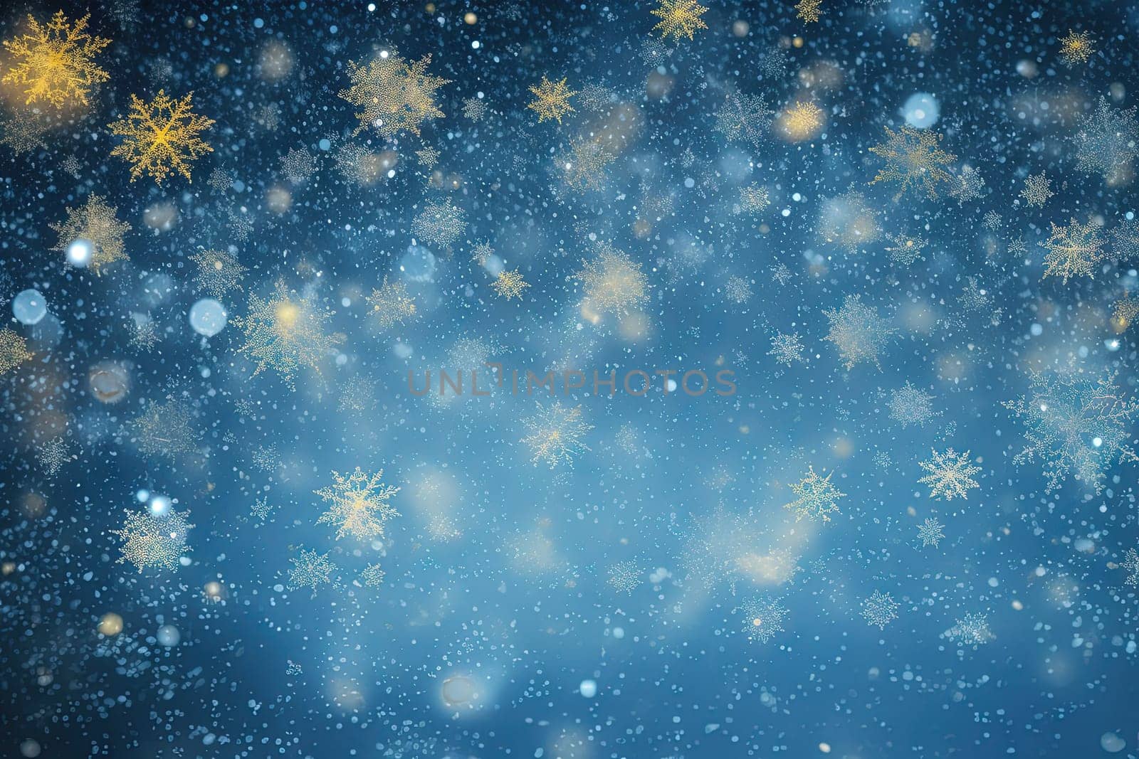 Christmas background with snowflakes and bokeh. Winter holidays celebration backdrop with snow on blurred background. Generated AI