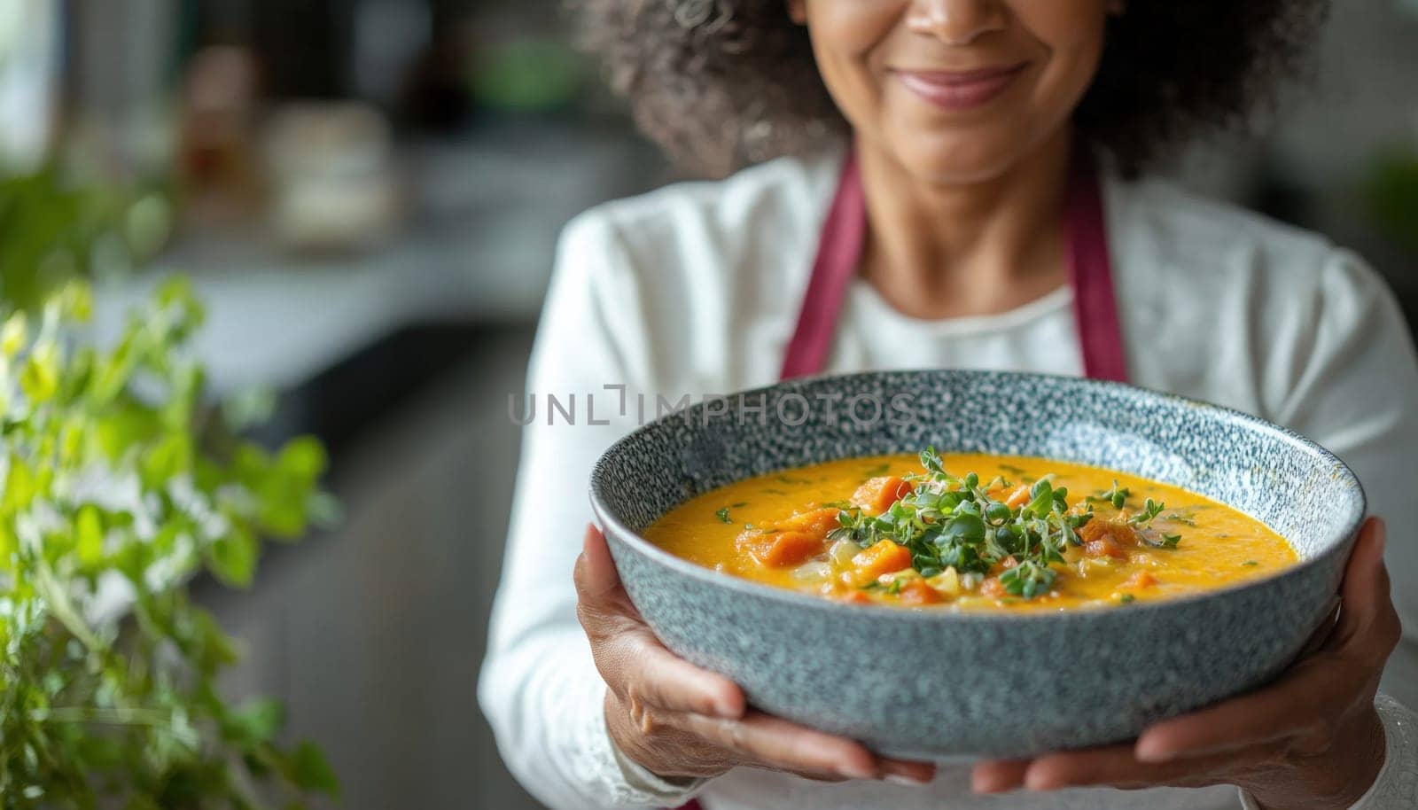 A woman is carefully holding a bowl of steaming, delicious soup in her hands, eagerly ready to enjoy it soon