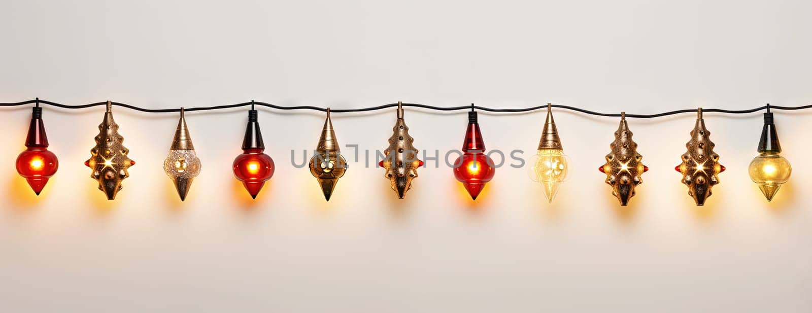 Christmas themed lamps and garlands with cozy holiday lights. Xmas ornament with shiny toys. Generated AI