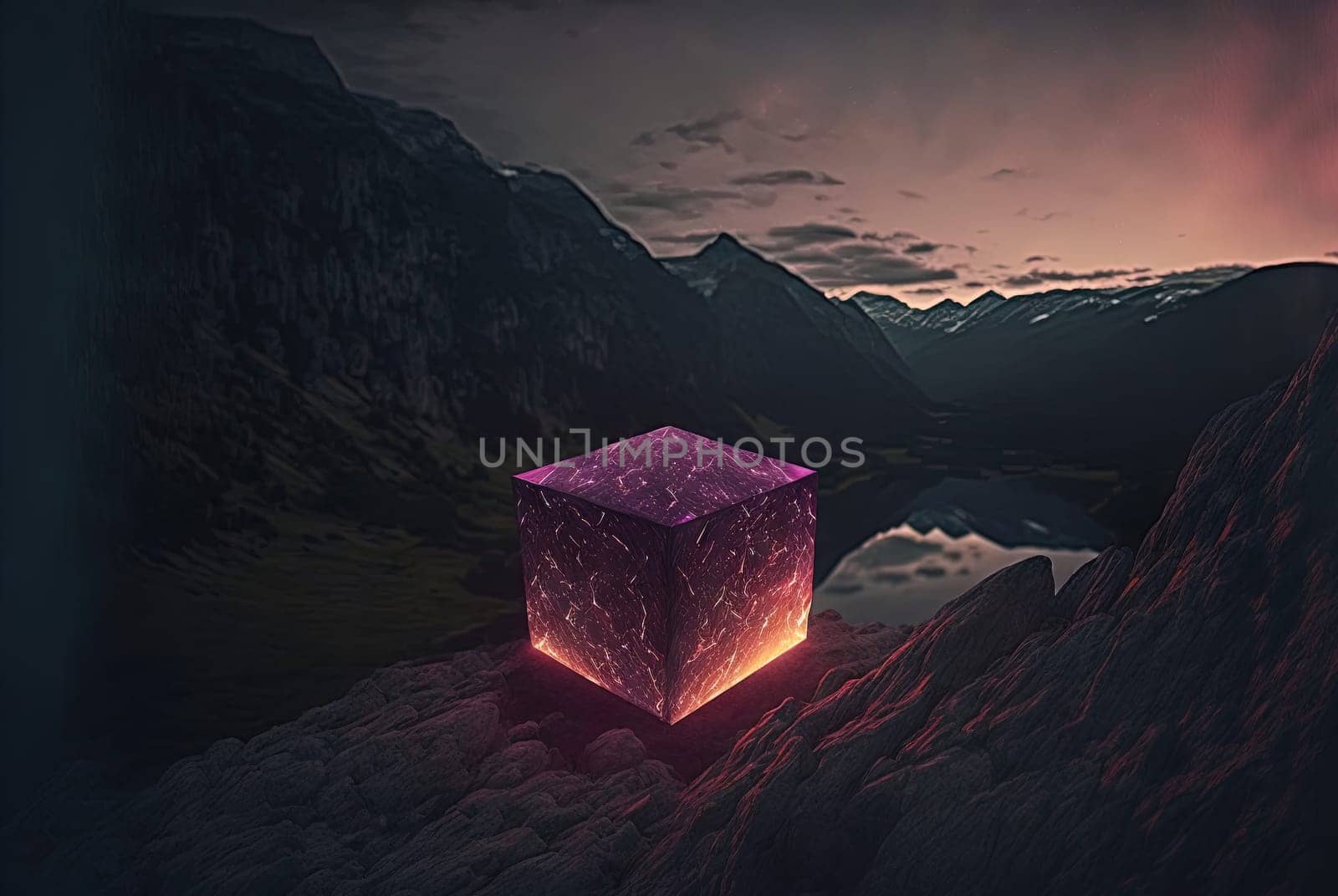 Mysterious glass cube on the natural landscape. Shiny mystic geometric object on abstract background. Generated AI