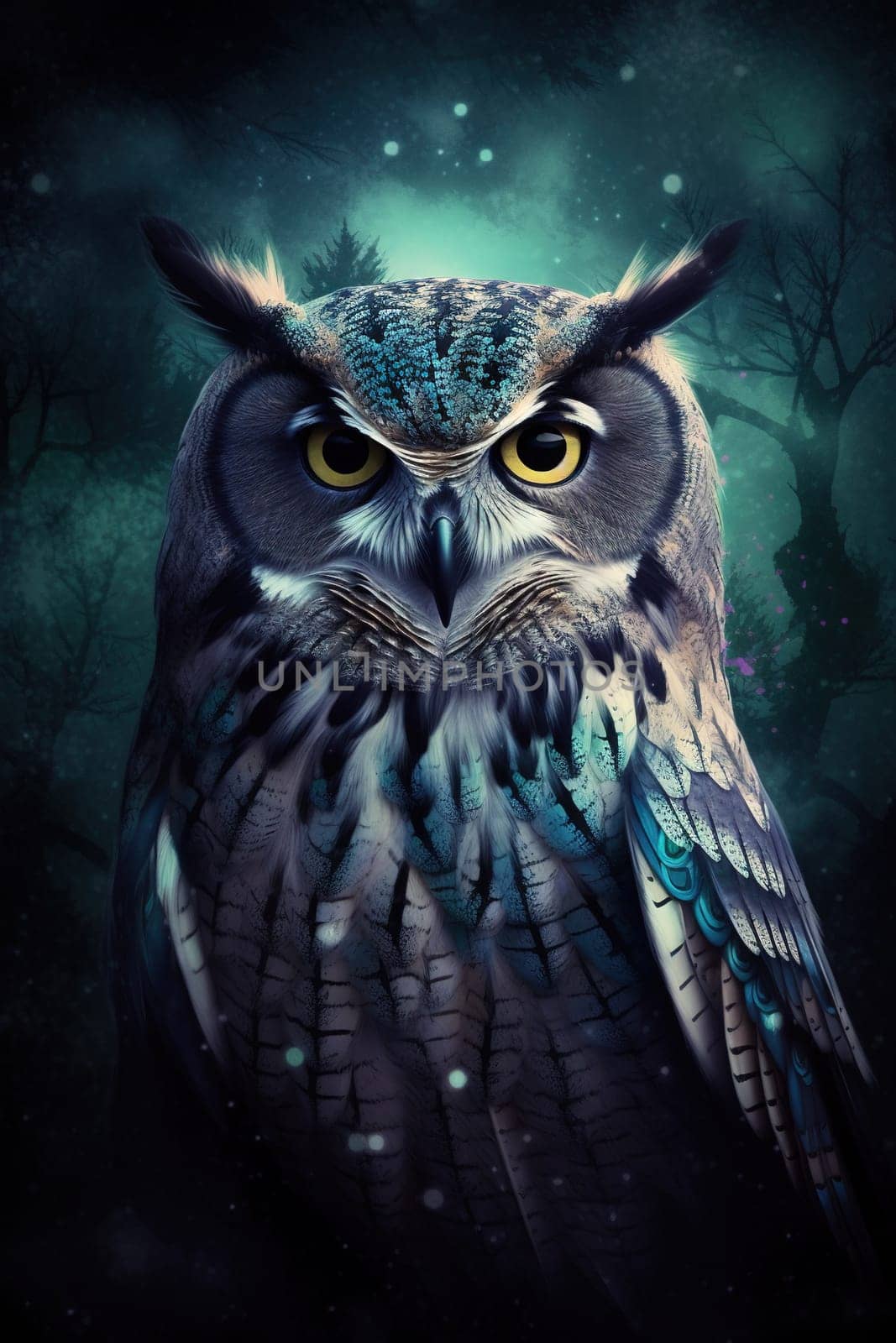 Wild owl in the forest. Colorful realistic style, wildlife element. Generated AI.