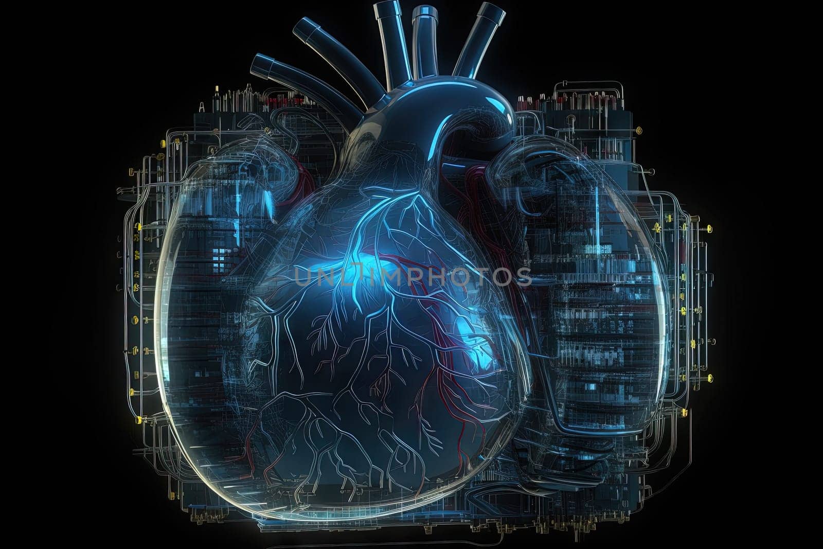 Technological heart concept for healthcare or digital motor idea. Generated AI