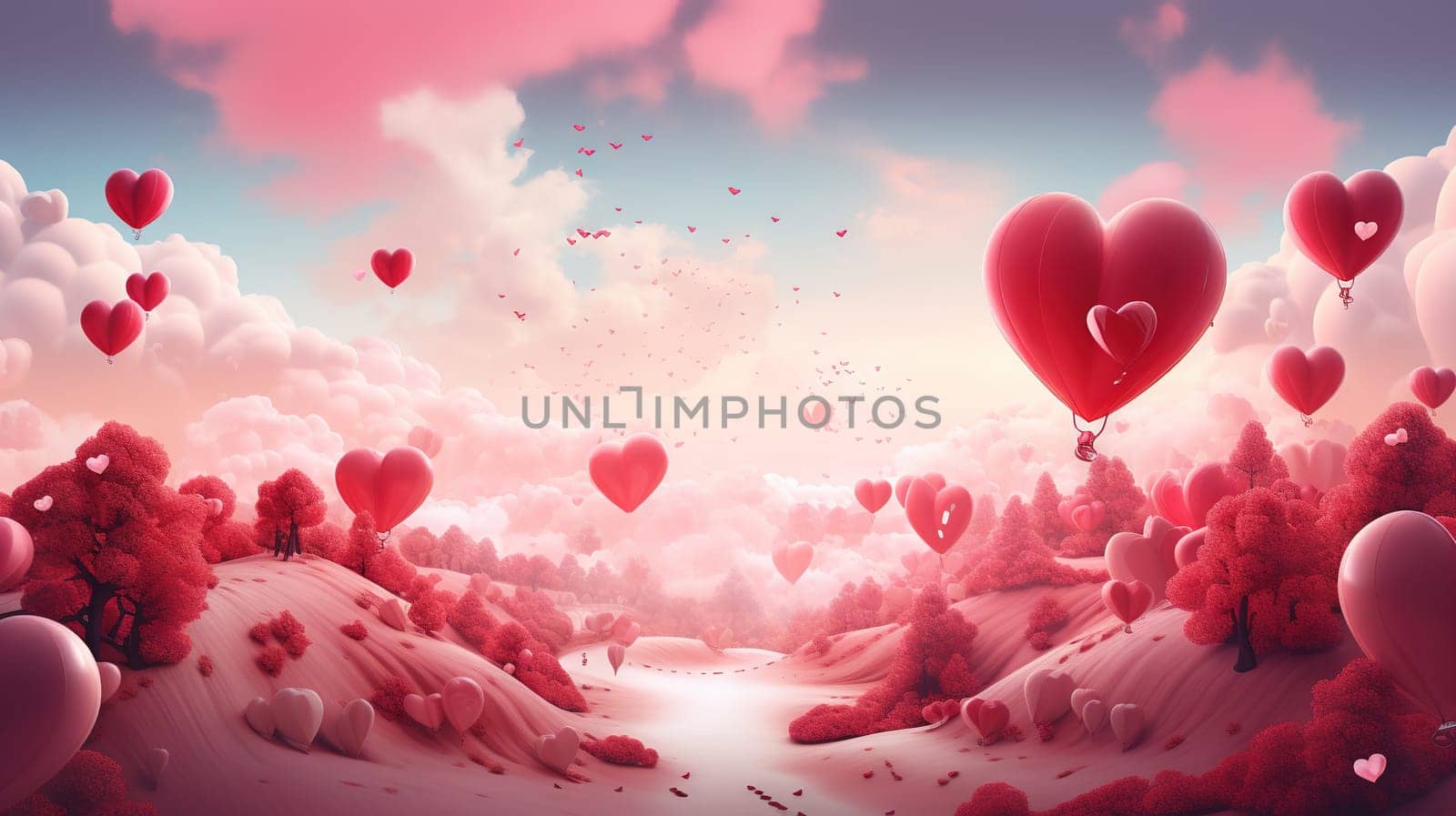Valentine Day greeting card with surreal romantic landscape full of hearts. Generated AI