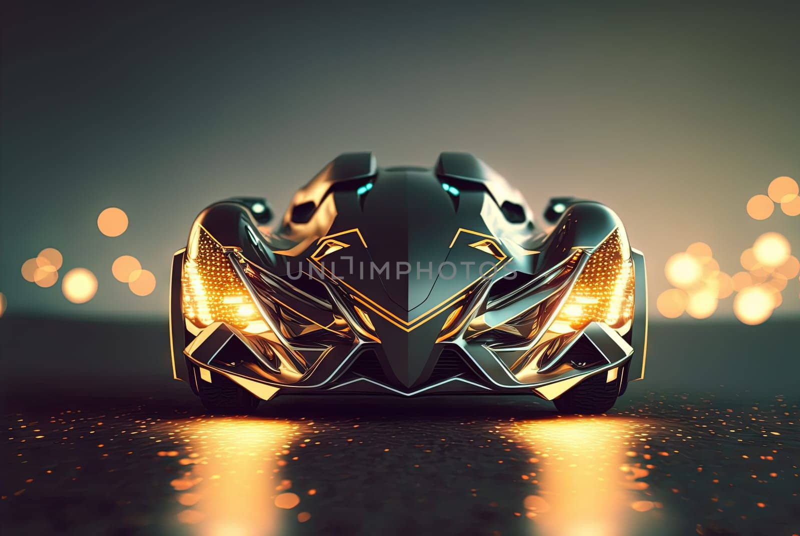 Abstract futuristic car with shiny reflections. Beautiful conceptual supercar. Generated AI