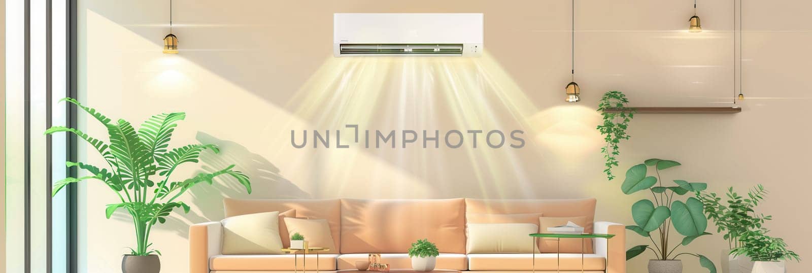 A stylish living room displays an air conditioner on the wall, complemented by natural light and vibrant plants creating a fresh, inviting atmosphere.