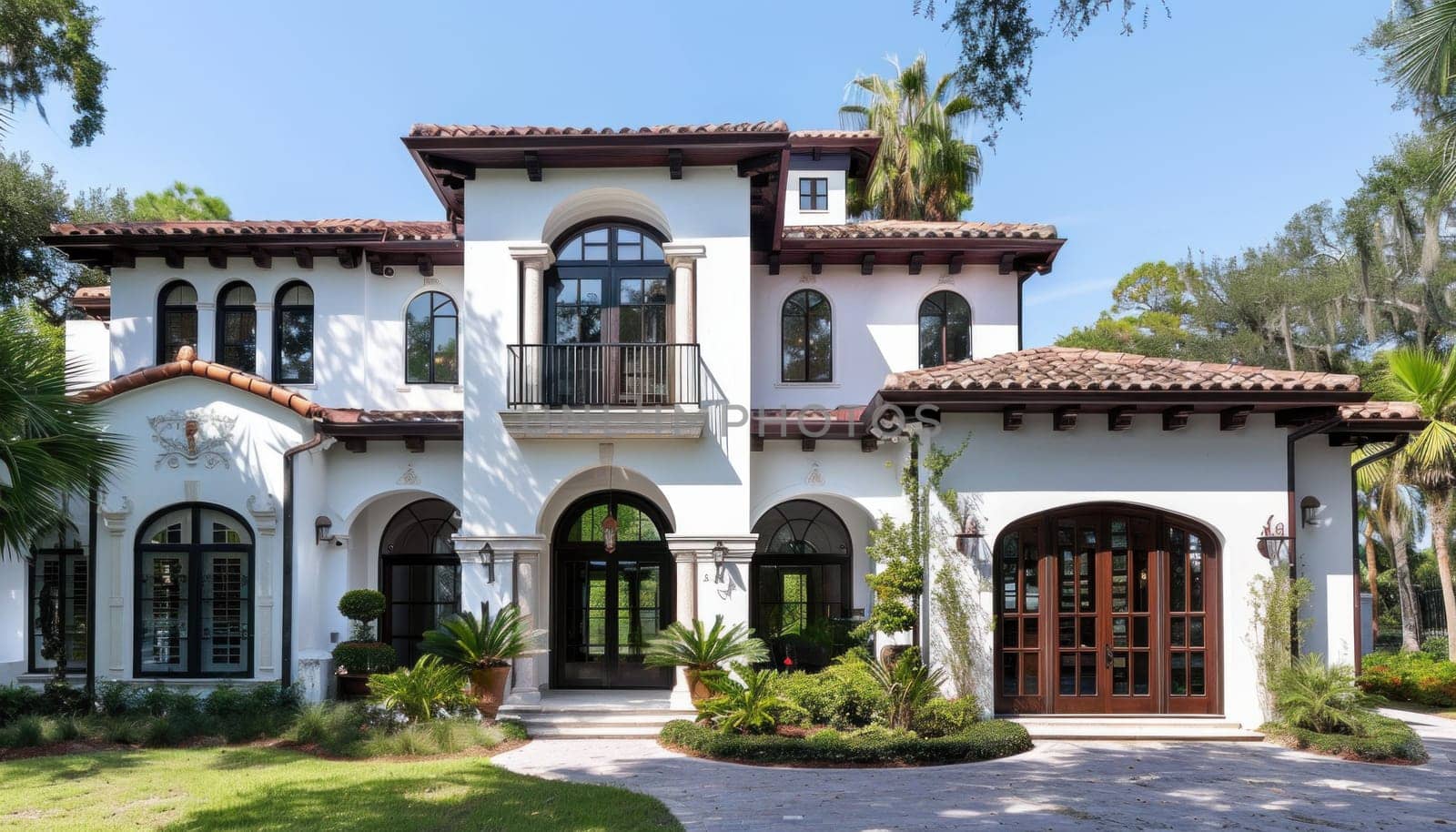 Large white stucco home on a sunny day showing mediterranean architecture style with tile roof