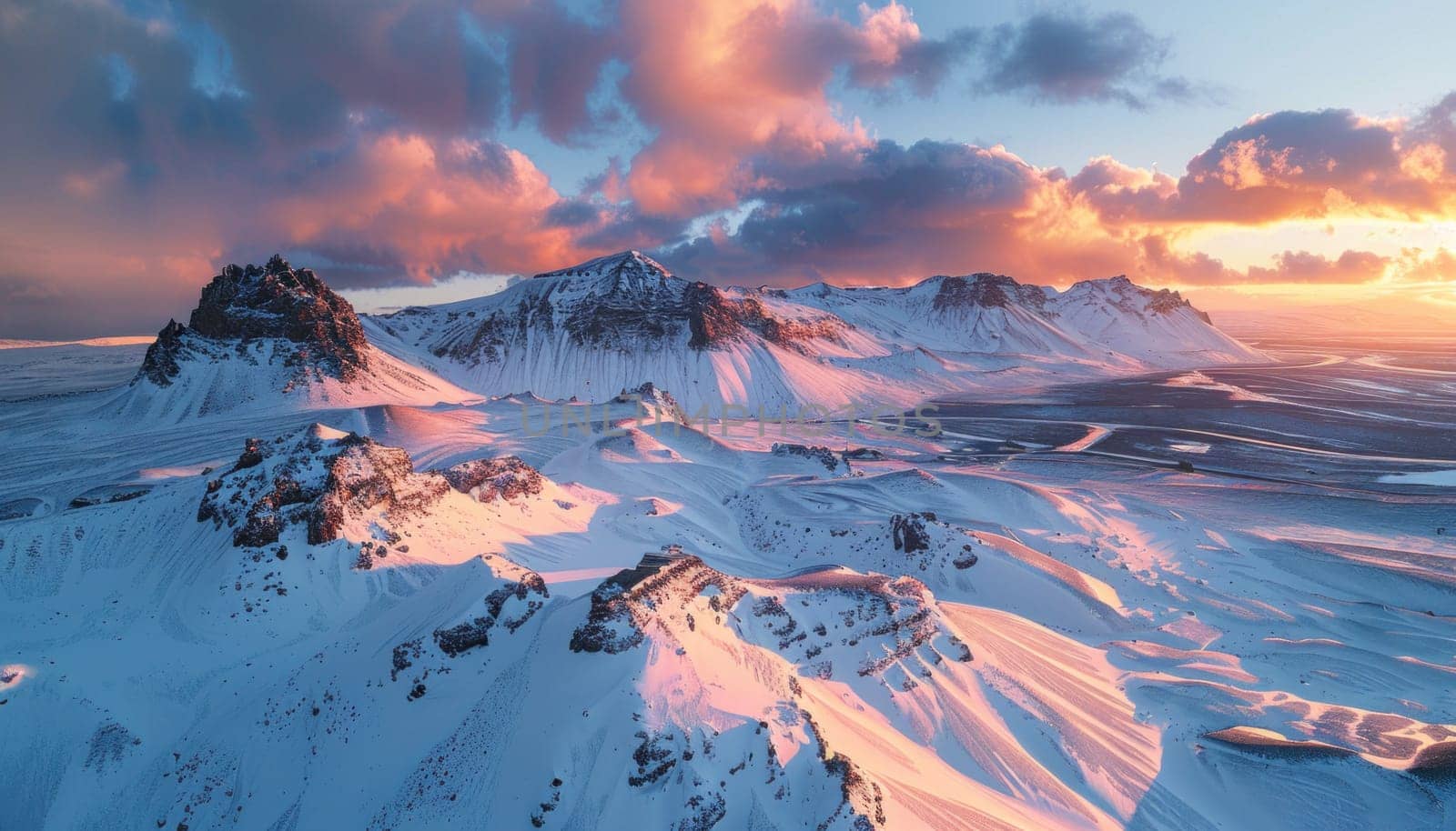 Dramatic sunset illuminating the snow covered mountains and landscape of iceland