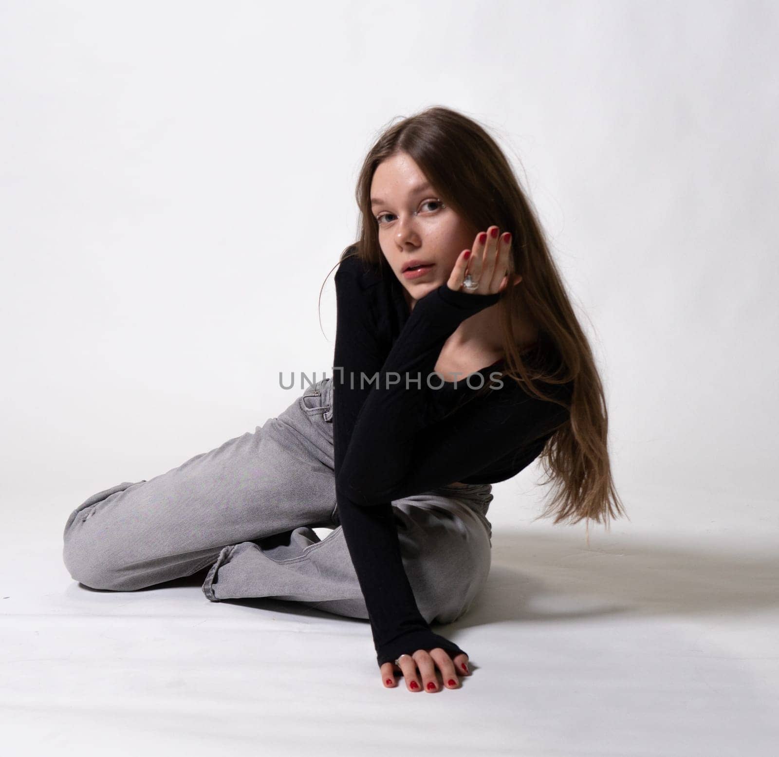 model fresh smile fashion romantic bouquet jeans girl female natural day beautiful happy hair white