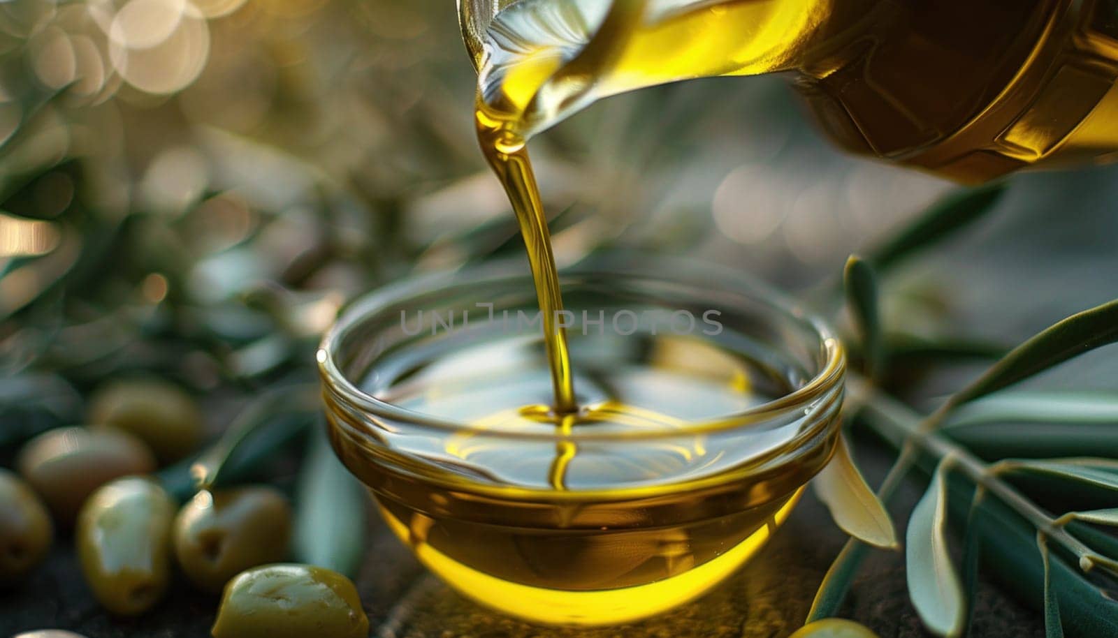 Golden olive oil being poured from a jar into a bowl, surrounded by fresh olives and olive branches, evoking a sense of freshness and quality