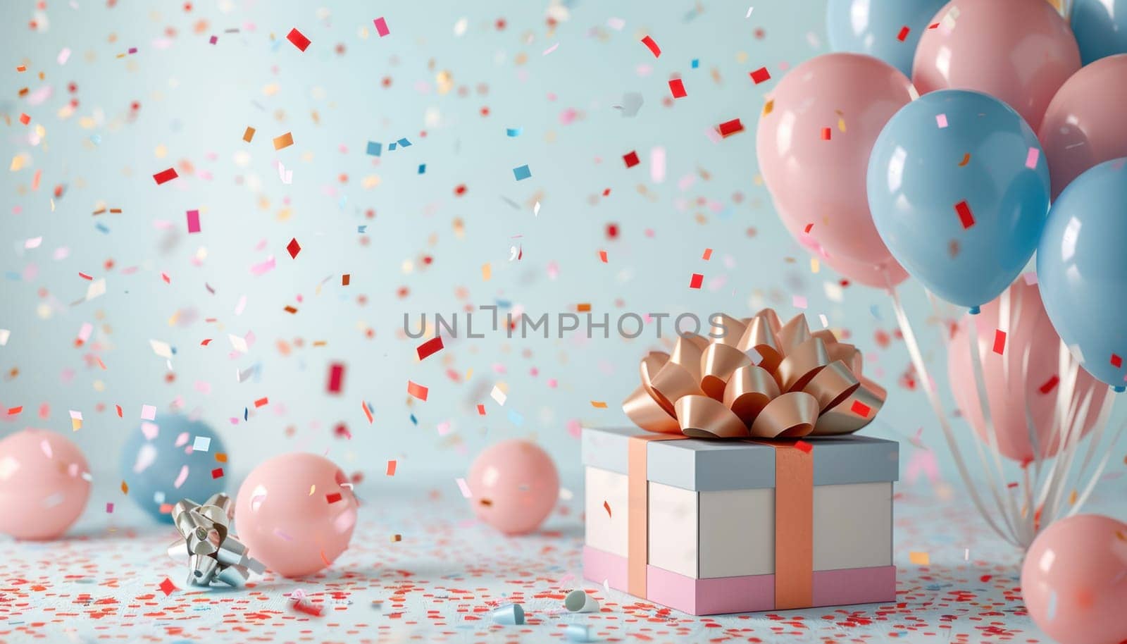 Gift box with balloons is surrounded by falling confetti on a pastel blue background