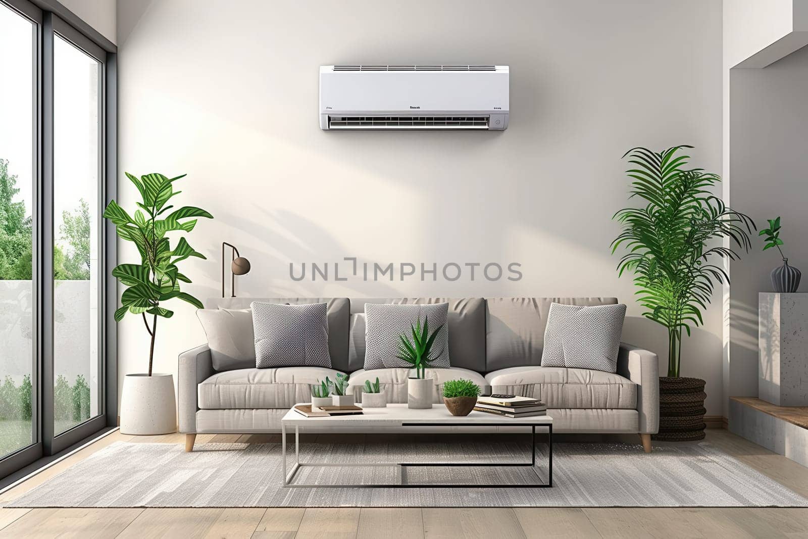 A modern living room featuring a comfortable sofa, decorative plants, and a wall-mounted air conditioner, creating an inviting and stylish atmosphere.
