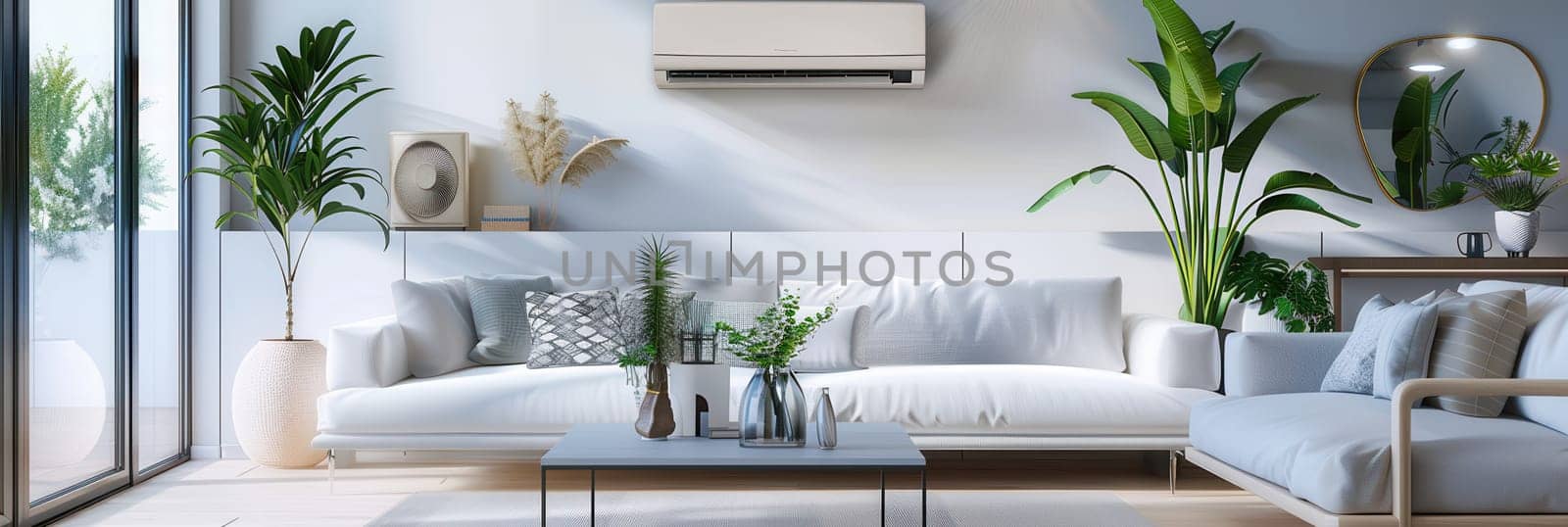 The welcoming living room features a plush sofa, greenery, and a sleek air conditioner mounted on the wall, creating a comfortable atmosphere.
