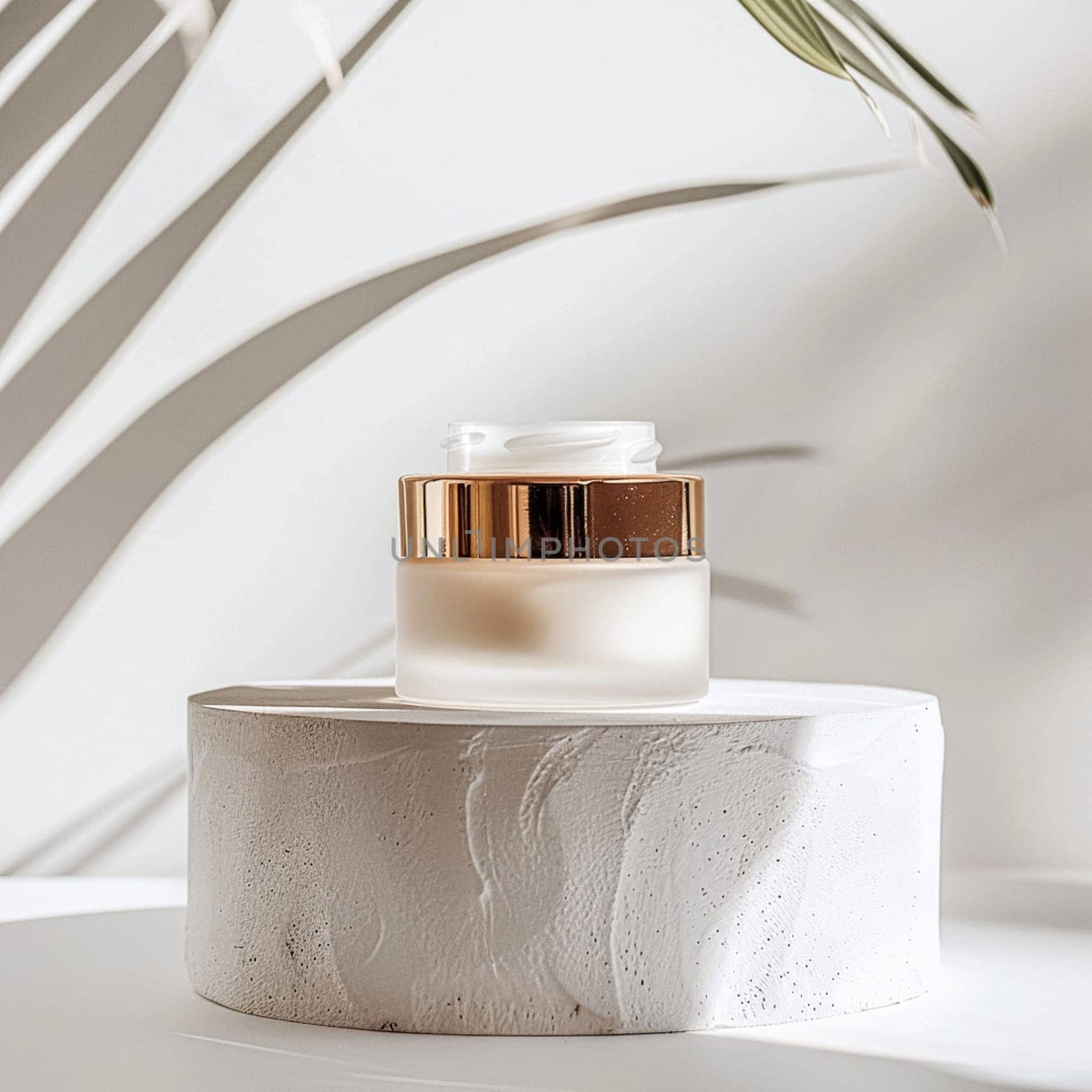 Face cream in a glass jar on a white and gold background. Skin care concept. Backdrop for beauty cosmetic products
