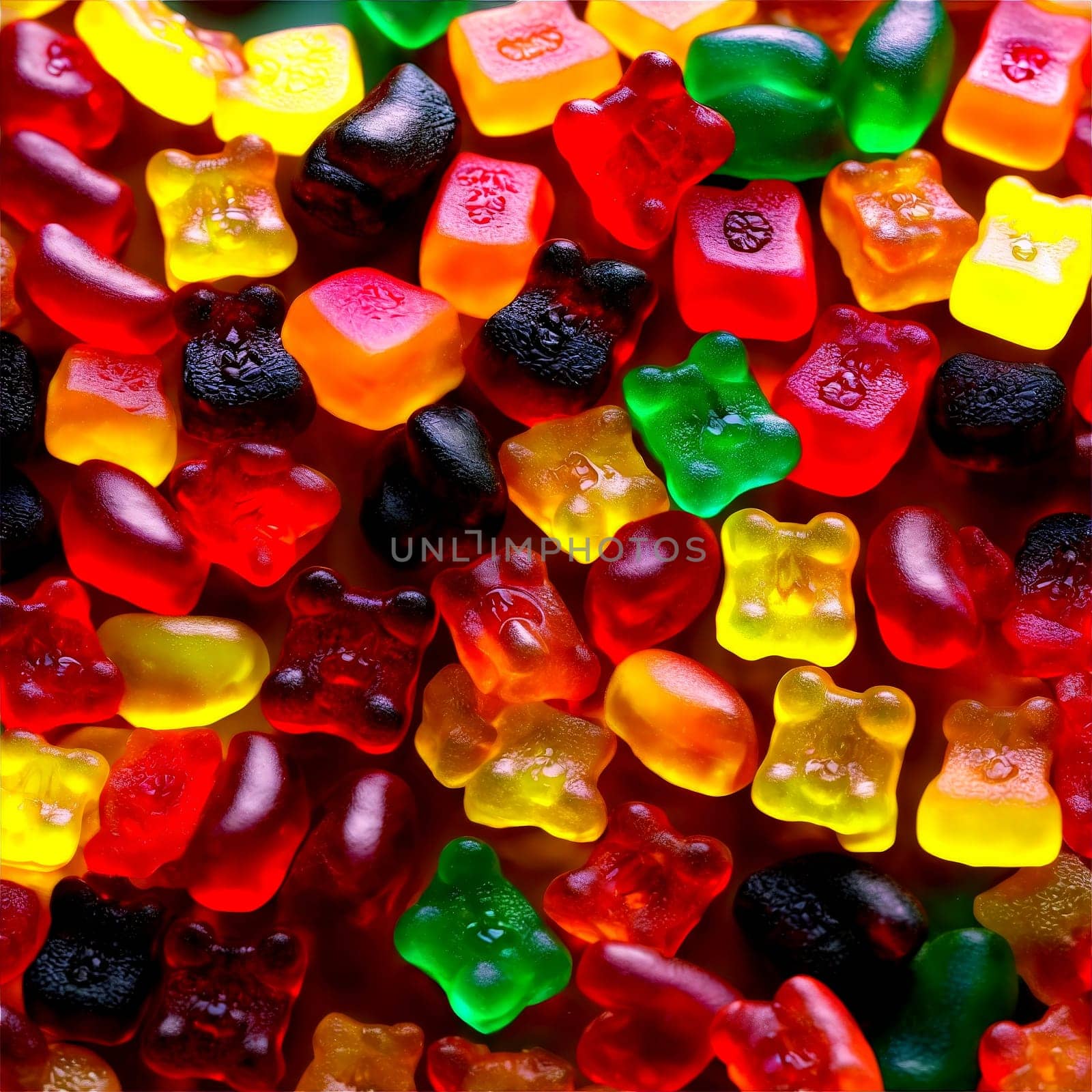 Gummy bears bouncing and tumbling in a vibrant colorful cascade with chewy candies gleaming Food. Food isolated on transparent background.