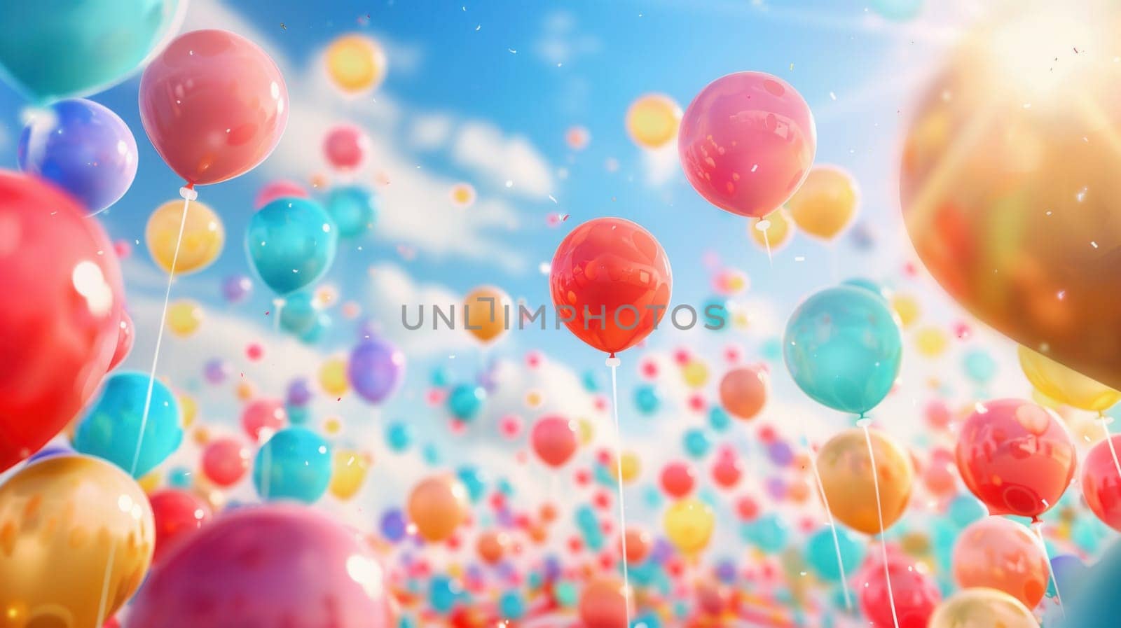 Bright balloons float joyfully in the sky during a lively festival, creating a festive atmosphere filled with excitement and celebration.