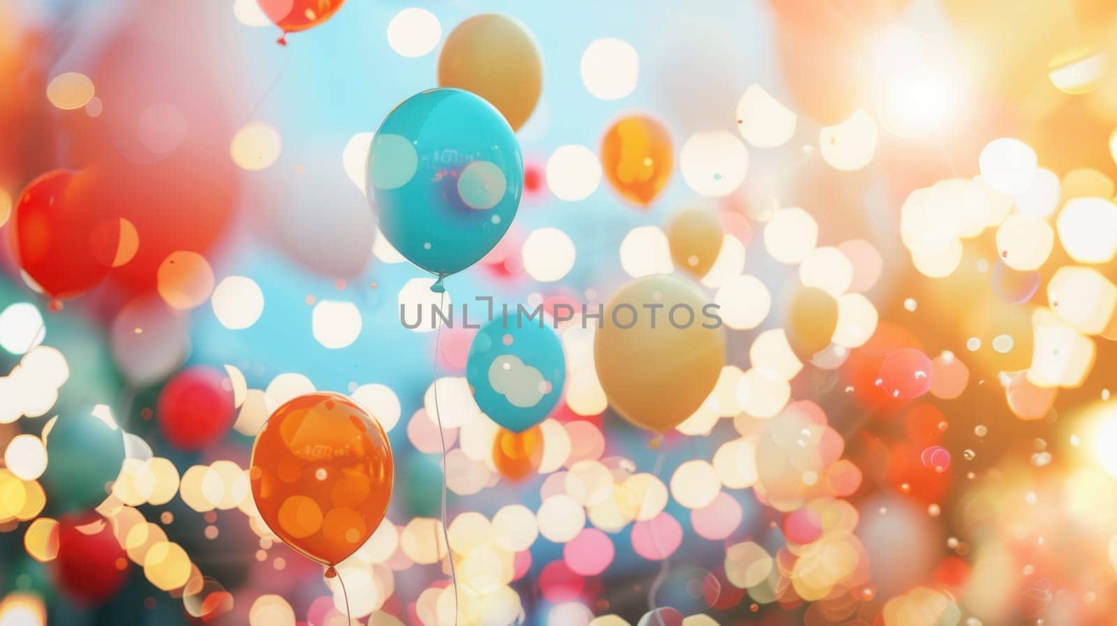 Brightly colored balloons drift above lively fair activities, creating a joyful atmosphere during a bustling city festival on a sunny day.