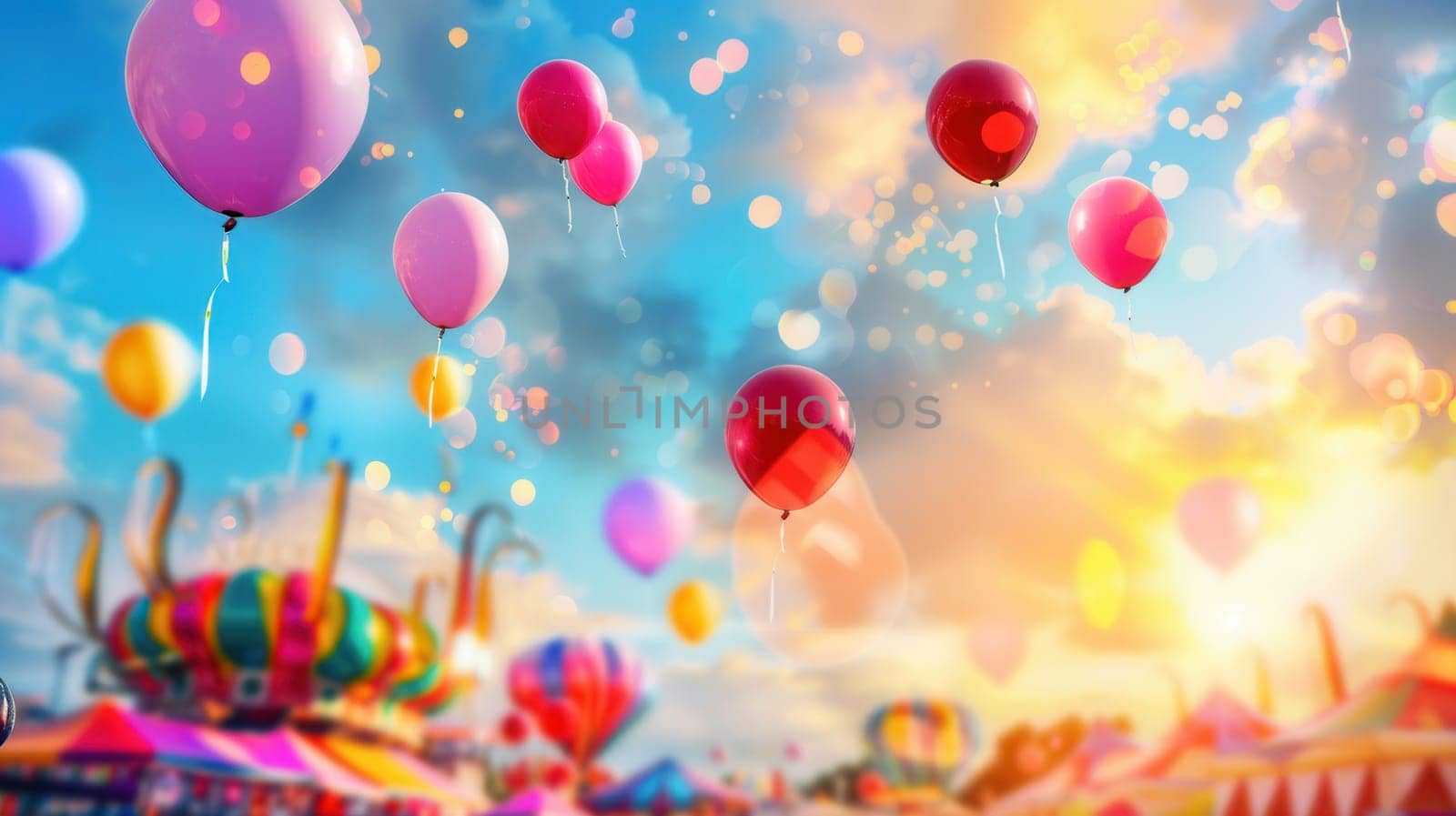 Colorful balloons drift through the sky during a lively city festival, creating a festive atmosphere as the sun sets in the background.