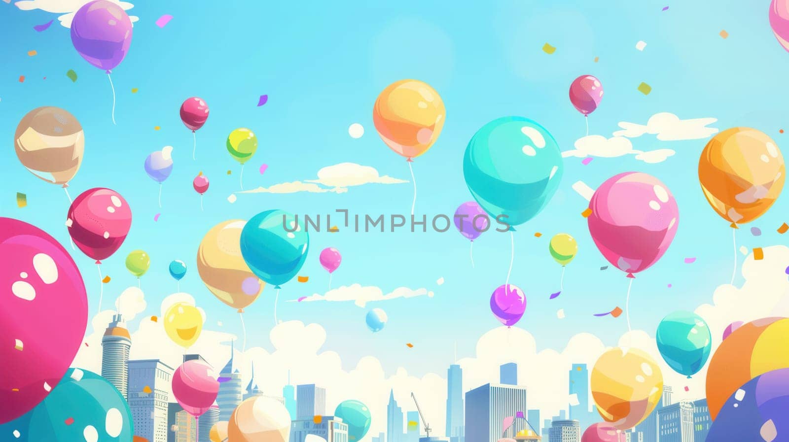 Colorful balloons fill the sky as people enjoy the festivities of a lively city festival under a clear blue sky.