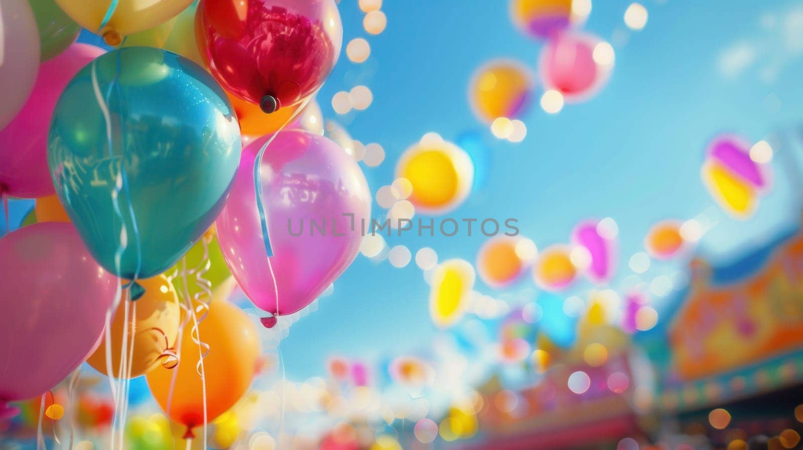 Brightly colored balloons fill the air above a bustling city festival, creating a festive atmosphere as people enjoy the day's activities.