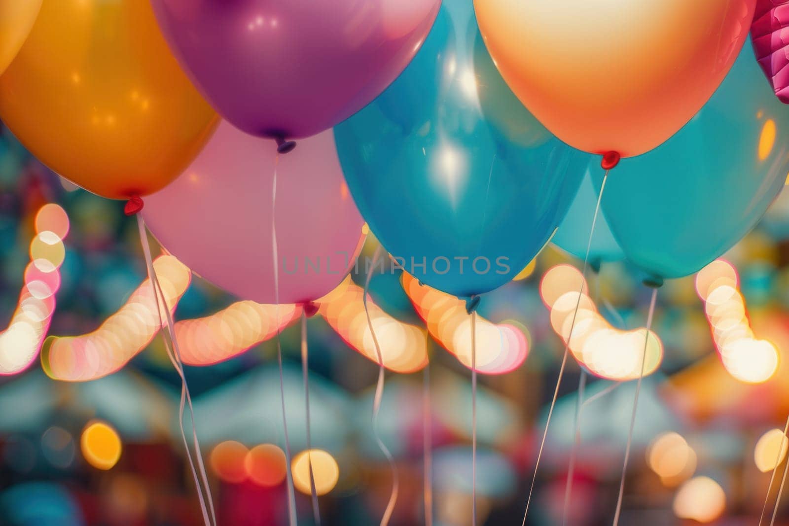 A joyful celebration unfolds as colorful balloons hang above the lively atmosphere of a bustling city festival filled with lights and excitement.