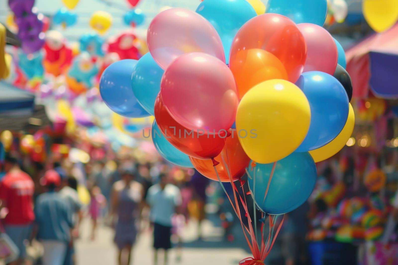 Colorful balloons float amidst bustling festival crowds, adding to the lively atmosphere of the city celebration filled with joy and excitement.