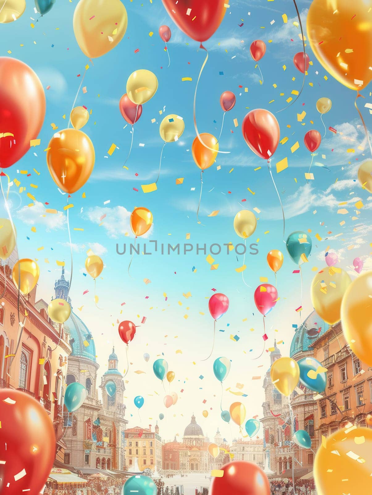 Colorful balloons fill the sky above a lively city festival, celebrating with joy as confetti drifts in the air against a clear blue backdrop.