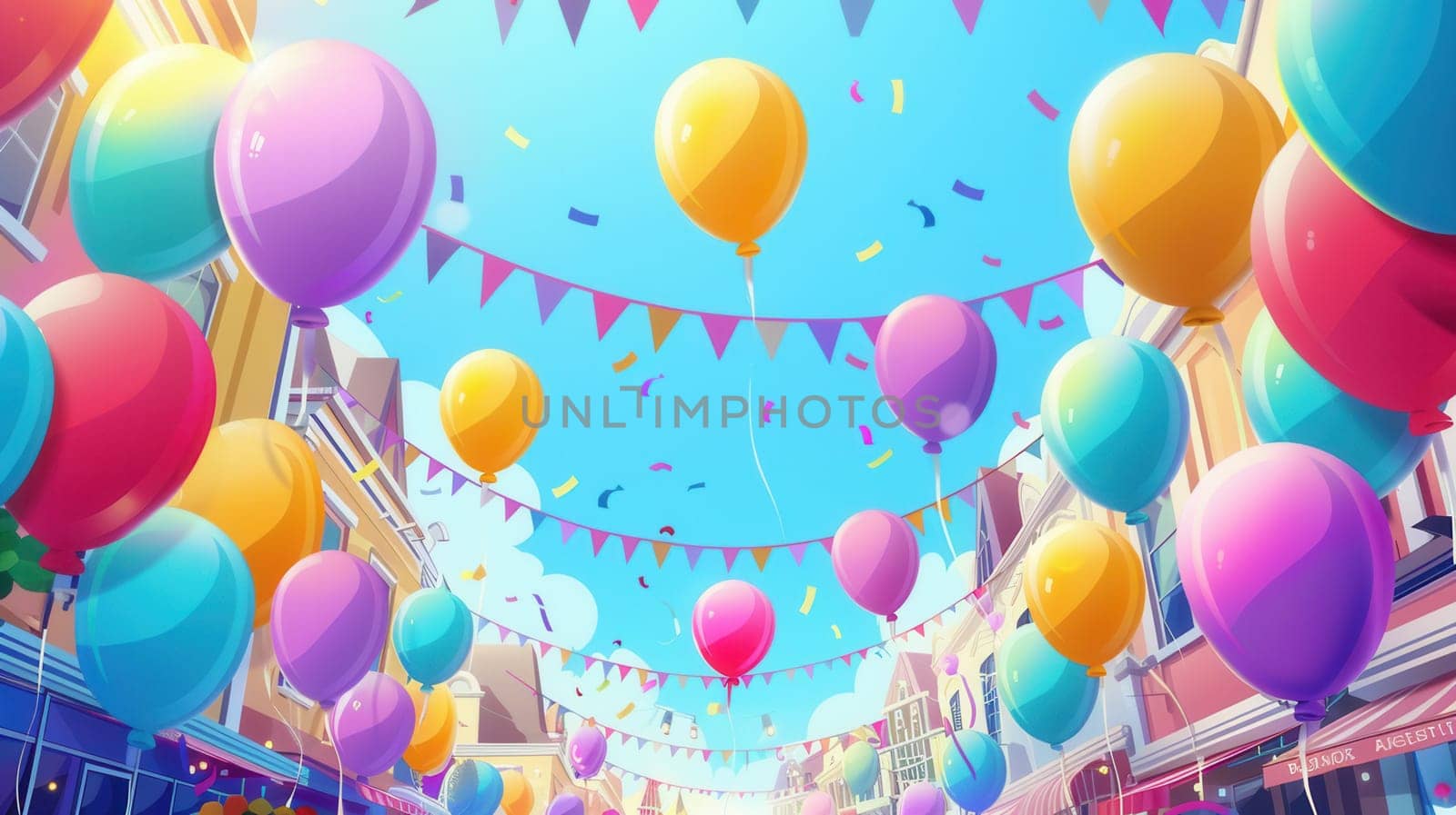 Bright balloons brighten the festival atmosphere, adorned with colorful bunting amid a lively city celebration, inviting joy and excitement.