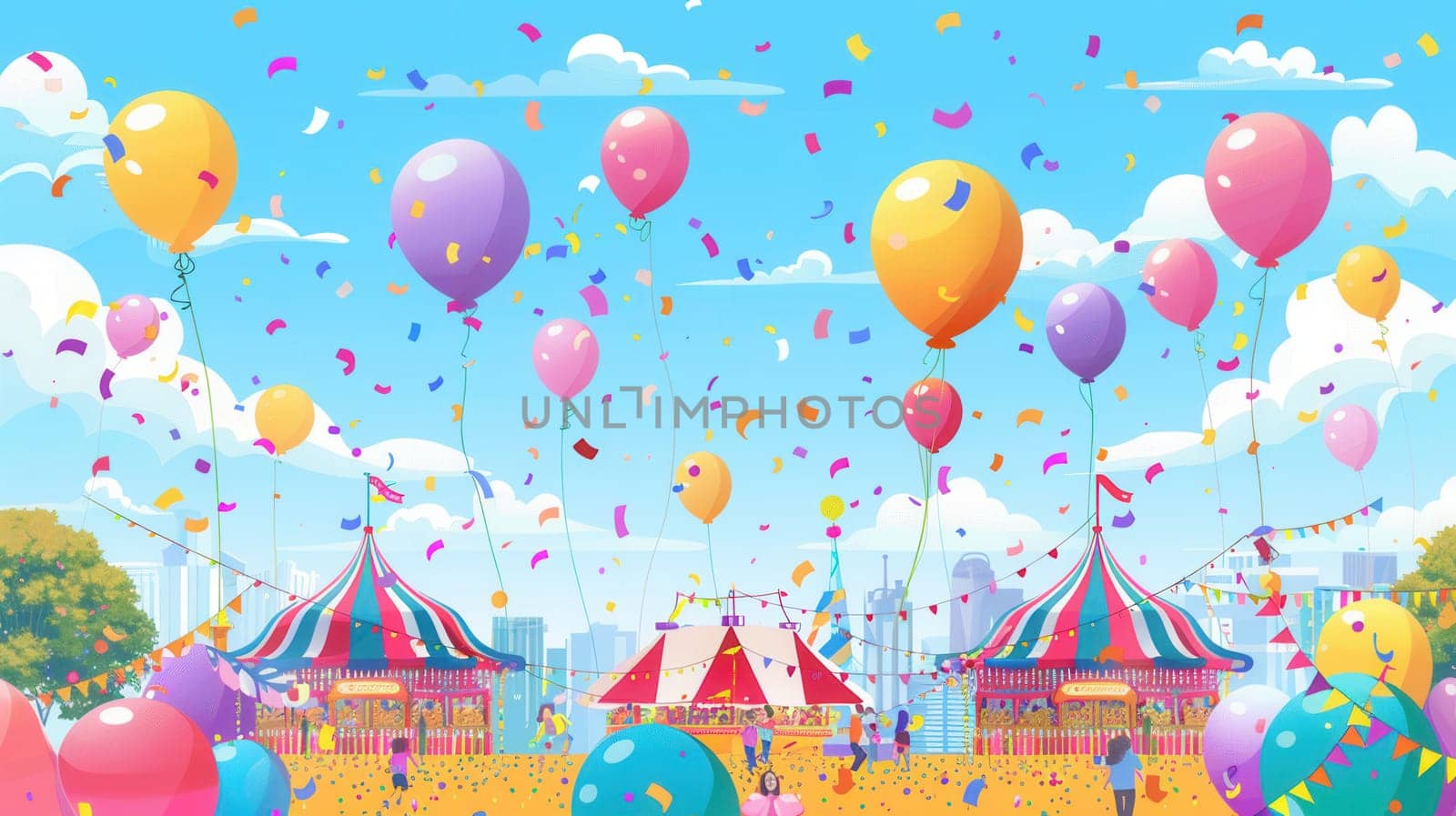 Bright balloons fill the sky above a lively city festival, where visitors enjoy entertainment, games, and attractions under colorful tents.