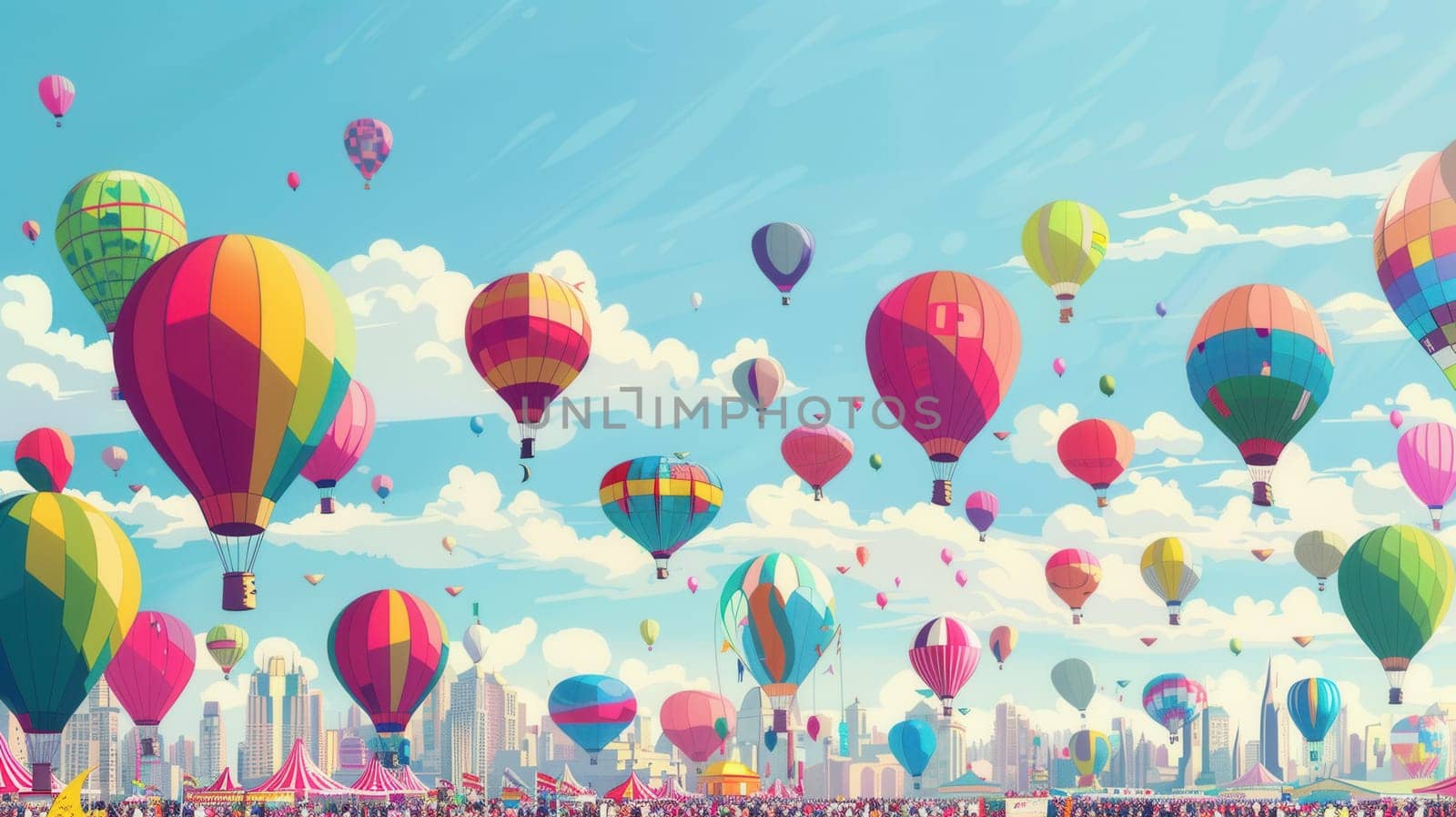 Colorful hot air balloons fill the sky above a lively city festival, creating a vibrant atmosphere with joyful crowds enjoying the celebration.