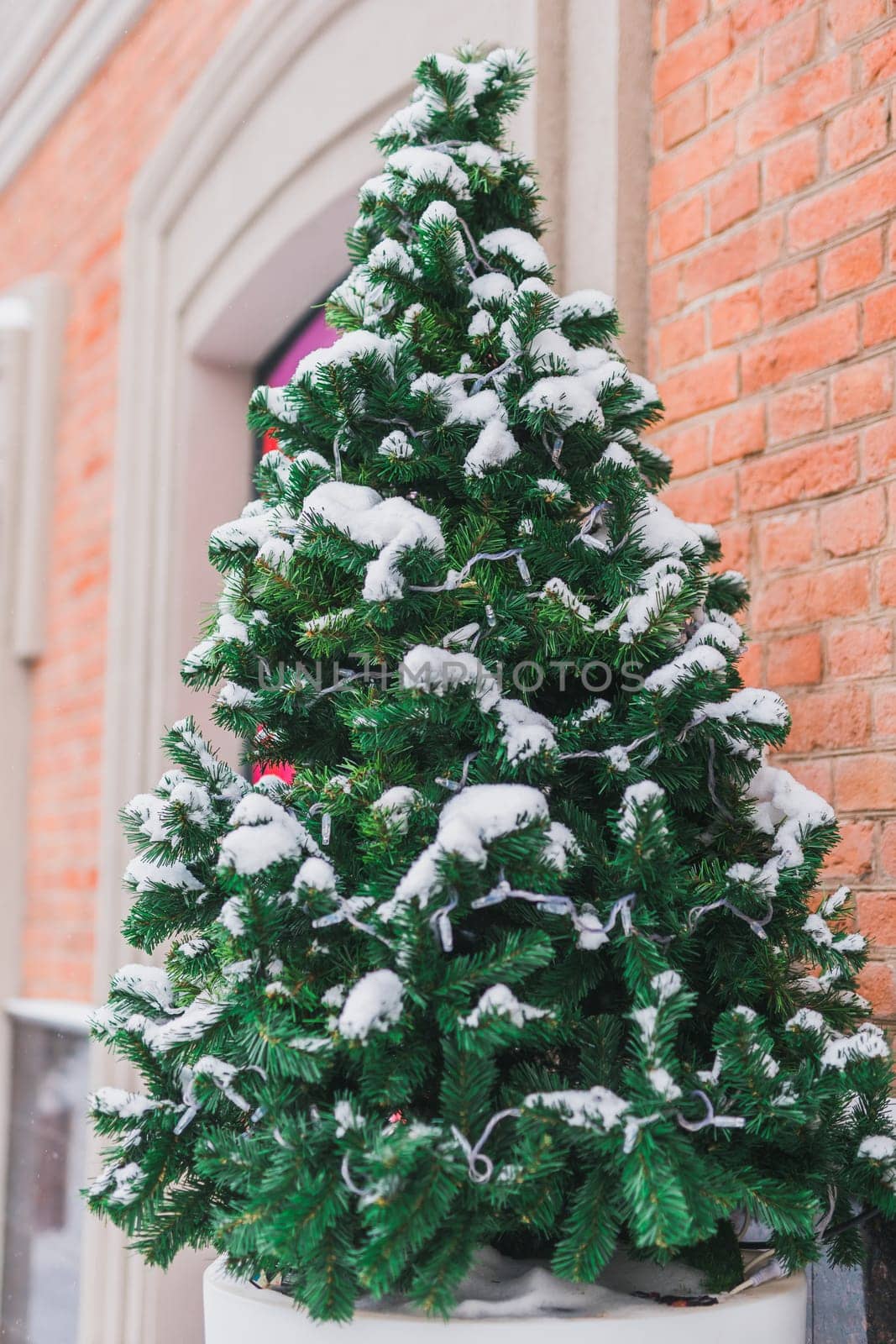 Decorated christmas tree outdoor in store window with snow. Winter holidays and decor for xmas by Satura86
