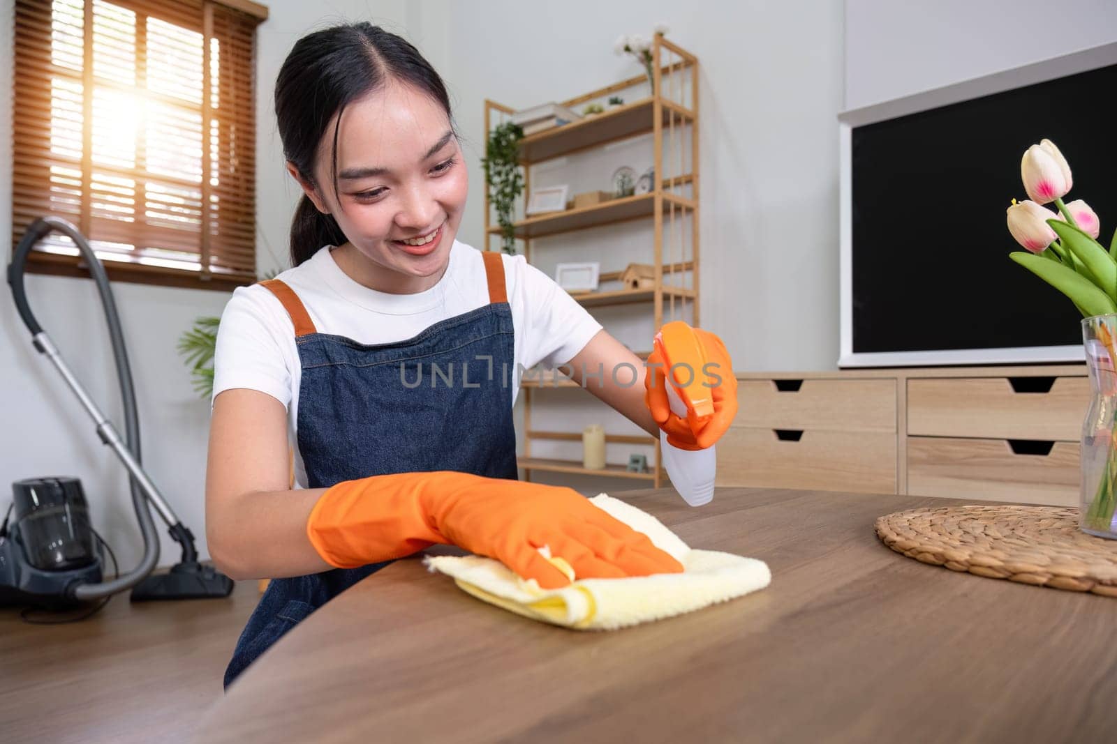 Asian female housekeeper cleaning the house using spray and cleaning cloth at the table in the living room by wichayada