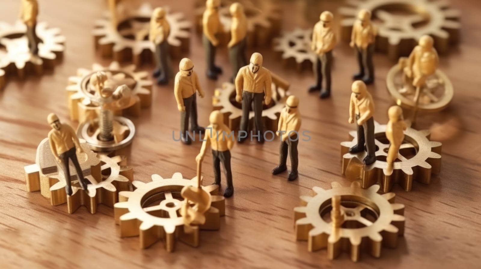 Miniature business people connecting many gears, top view, concept of teamwork. Generative AI weber. by biancoblue