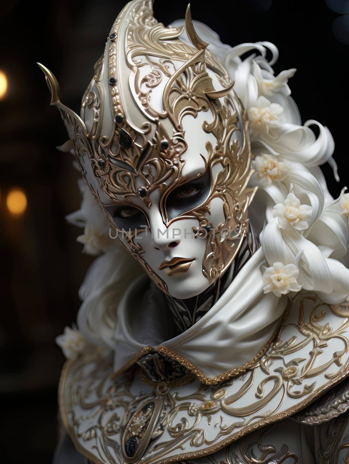 Female image of courtesan at festive carnival. Luxurious woman in white Venetian mask with gold patterns, AI