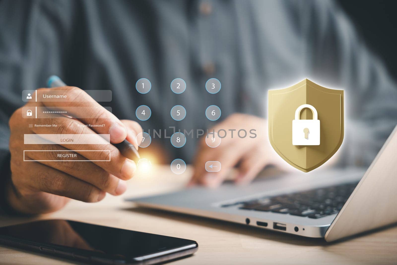 Network security and cybersecurity concept. Business professionals safeguard personal information with a shield. Encryption with a padlock icon on a virtual interface. Businessman touches the lock key