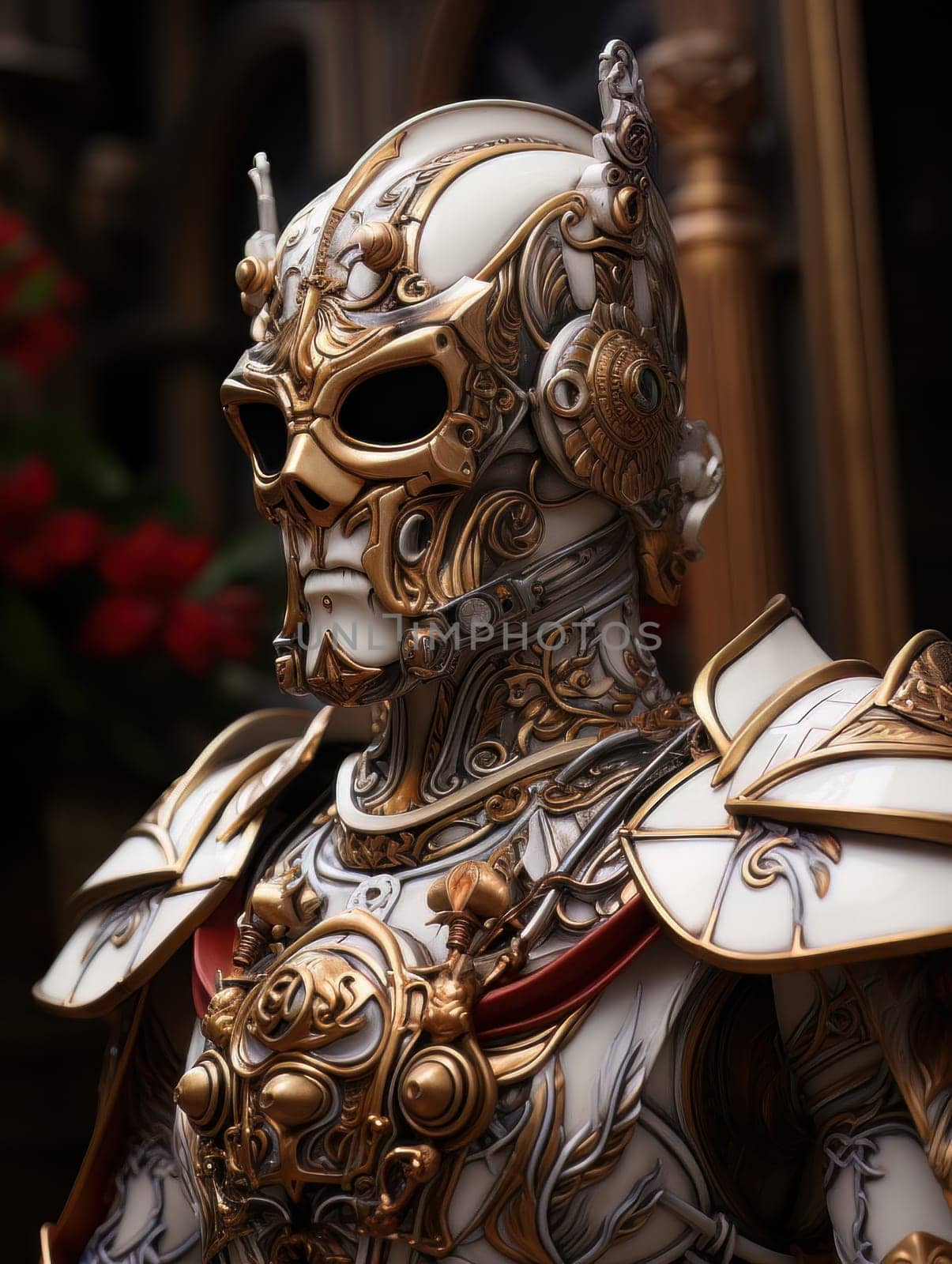 Warlike character in Venetian style equipment and mask. Aristocratic majestic man king warrior, fairy-tale character in comic book or computer game style, AI