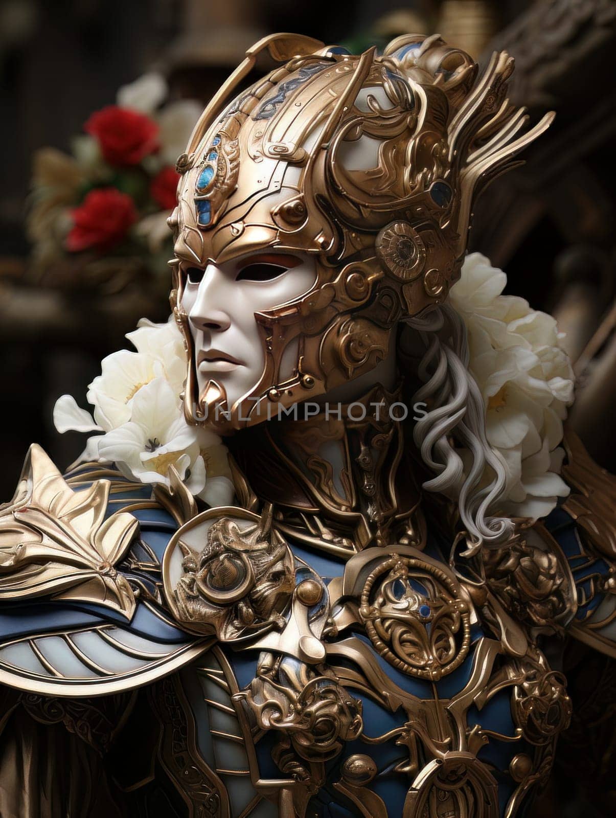 Warlike character in Venetian style equipment and mask. Aristocratic majestic man king warrior, fairy-tale character in comic book or computer game style, AI