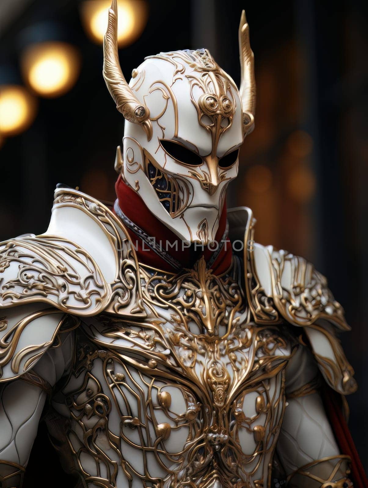 Warlike character in Venetian style equipment and mask. Aristocratic majestic man king warrior, fairy-tale character in comic book or computer game style, AI