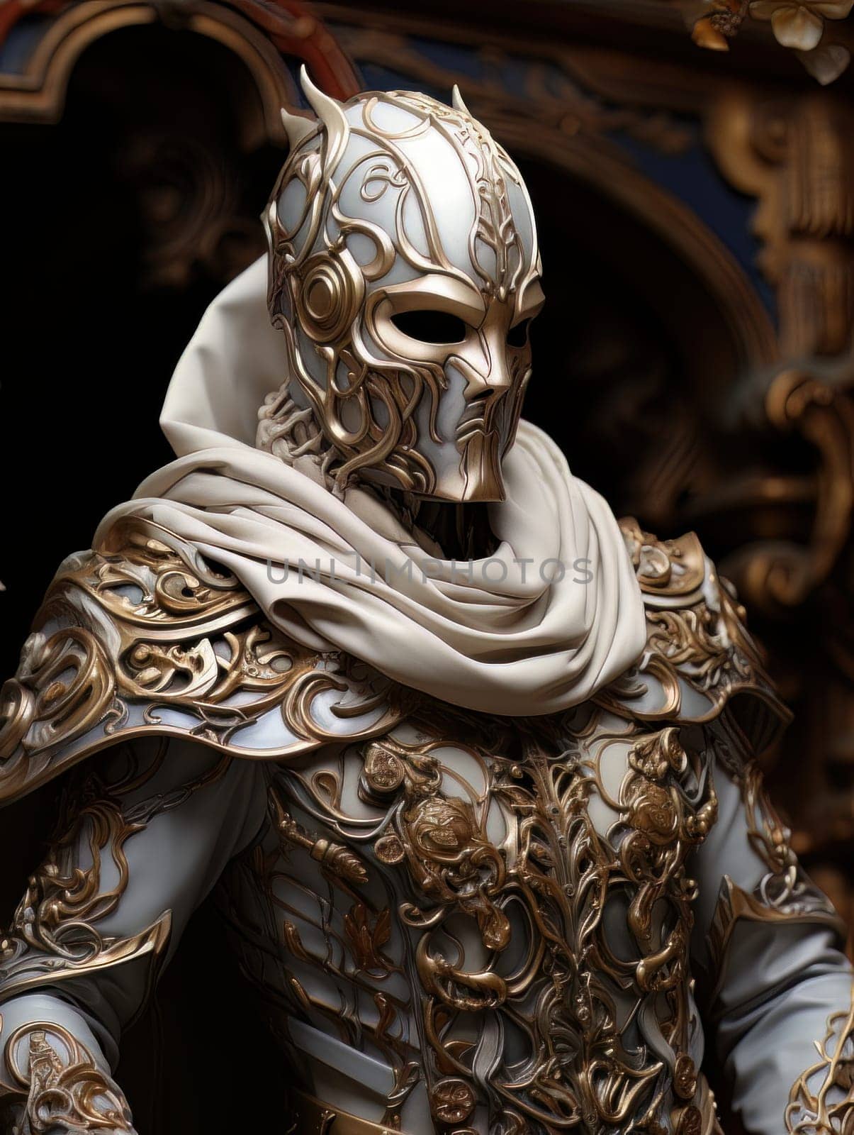 Warlike character in Venetian style equipment and mask. Aristocratic majestic man king warrior, fairy-tale character in comic book or computer game style, AI