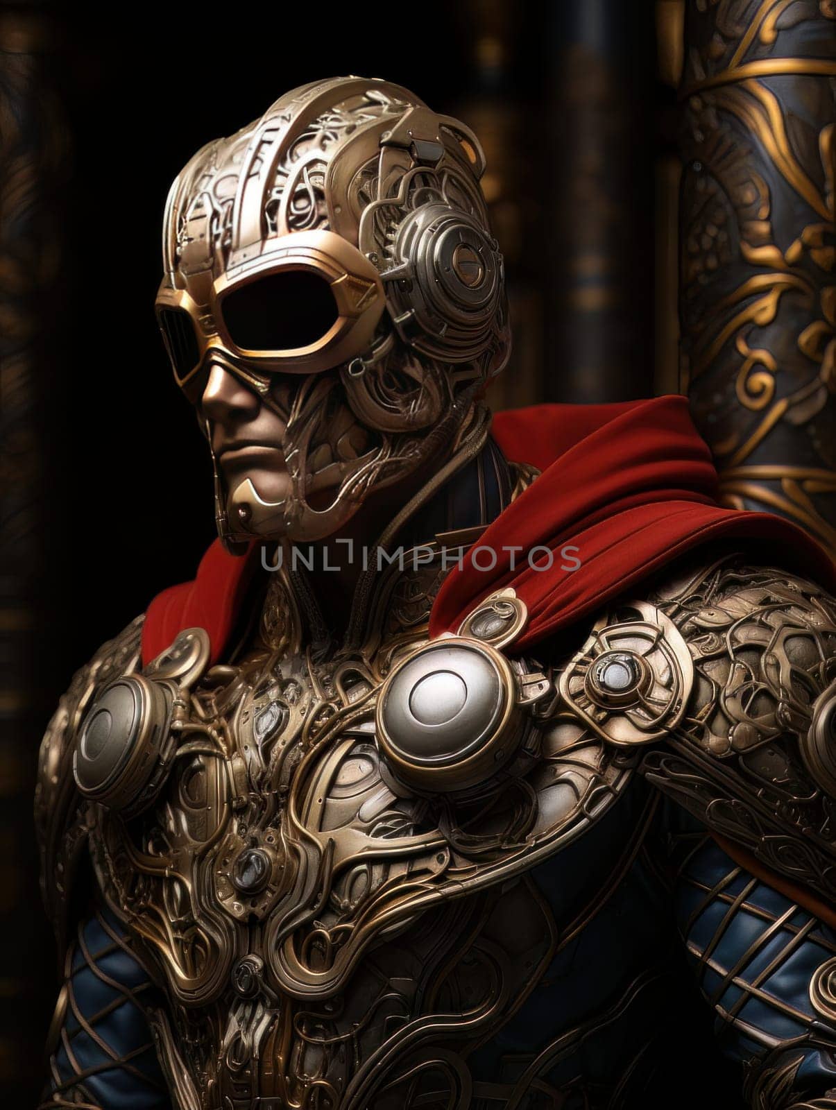 Warlike character in Venetian style equipment and mask. Aristocratic majestic man king warrior, fairy-tale character in comic book or computer game style, AI