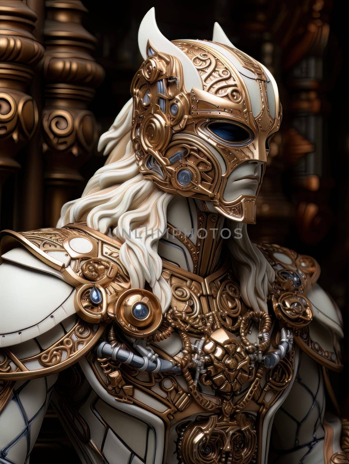 Warlike character in Venetian style equipment and mask. Aristocratic majestic man king warrior, fairy-tale character in comic book or computer game style, AI