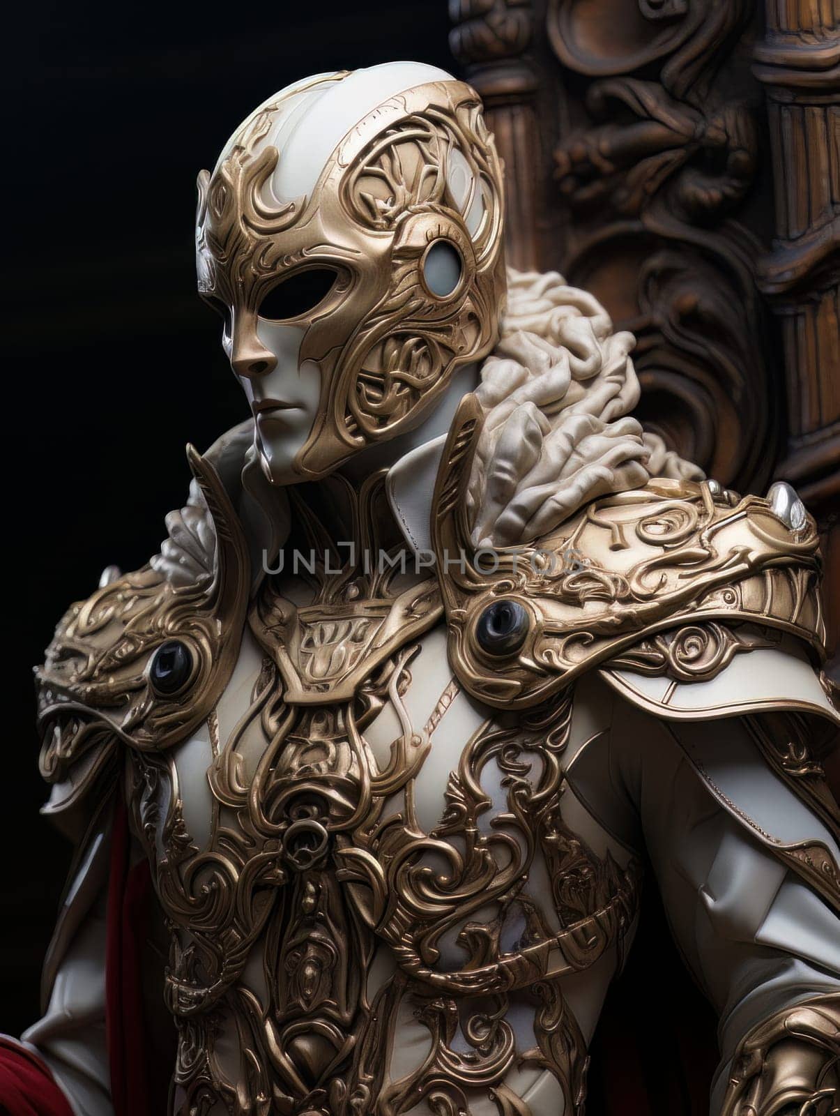 Warlike character in Venetian style equipment and mask. Aristocratic majestic man king warrior, fairy-tale character in comic book or computer game style, AI