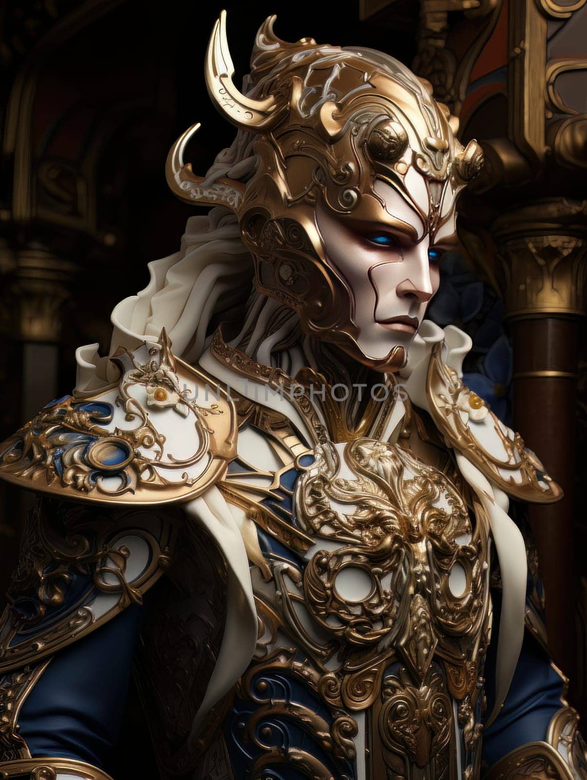 Epic knight in fantasy style in mask and armor with golden patterns. AI by but_photo