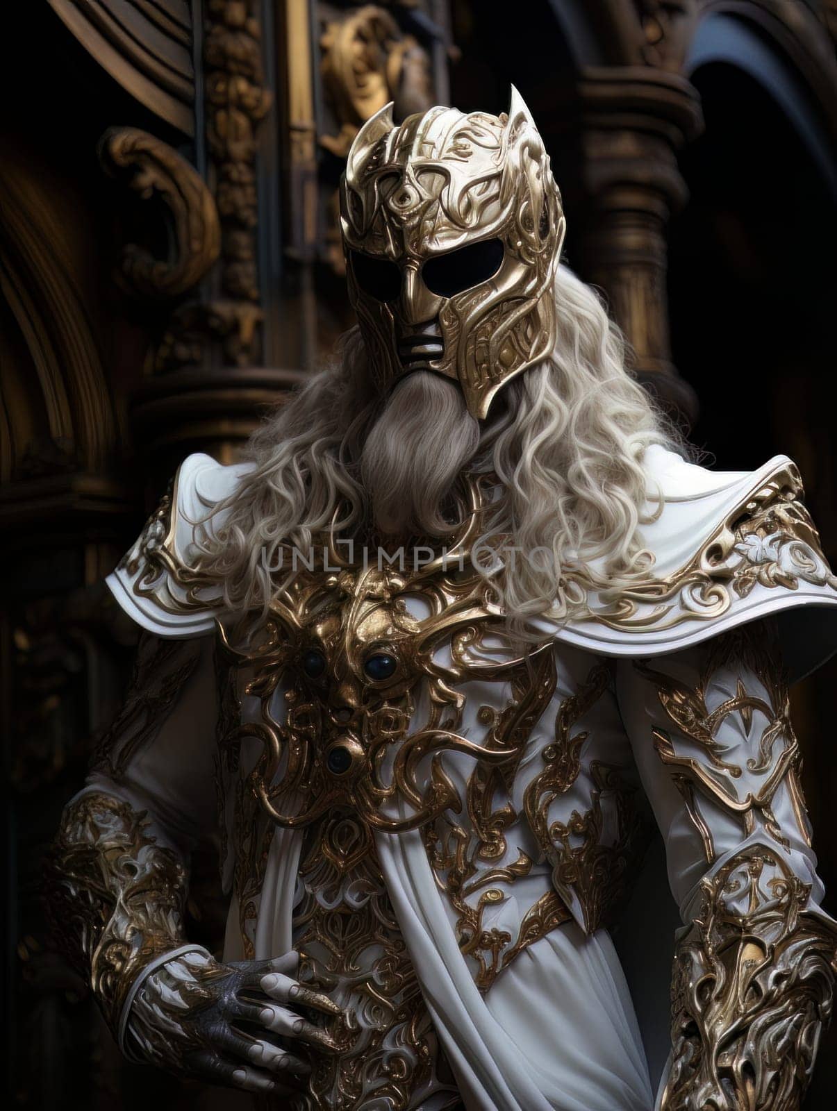 Epic knight in fantasy style in mask and armor with golden patterns. AI by but_photo