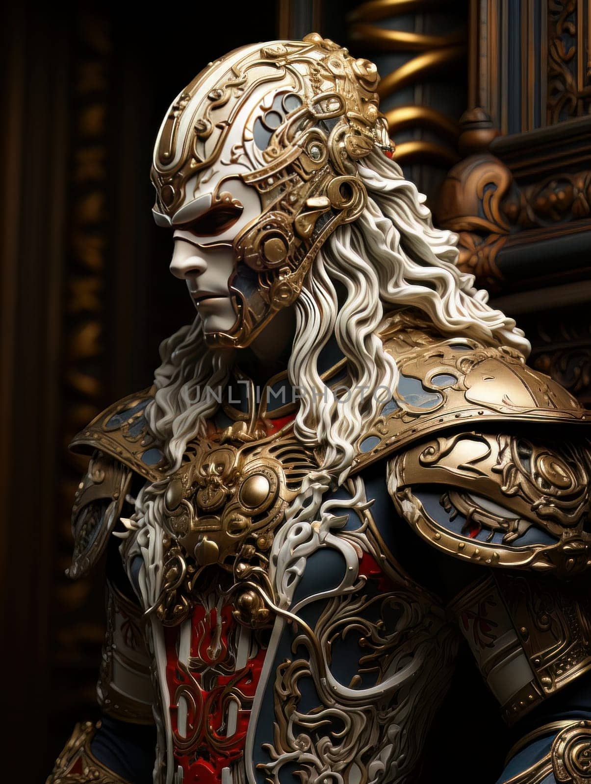 Epic knight in fantasy style in mask and armor with golden patterns. AI by but_photo