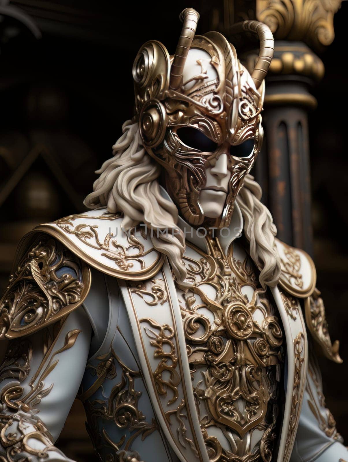 Warlike character in Venetian style equipment and mask. Aristocratic majestic man king warrior, fairy-tale character in comic book or computer game style, AI