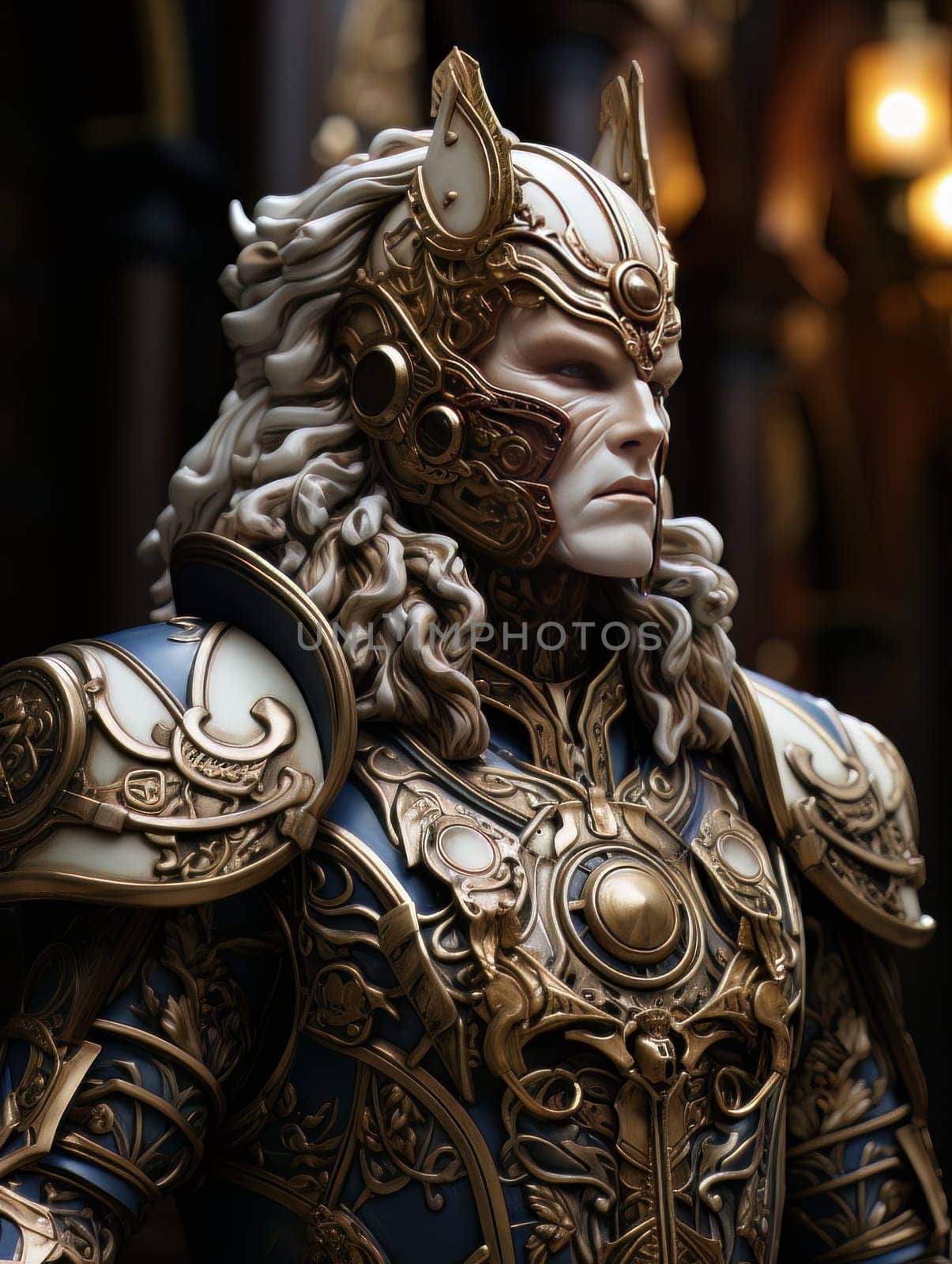 Epic knight in fantasy style in mask and armor with golden patterns. AI by but_photo