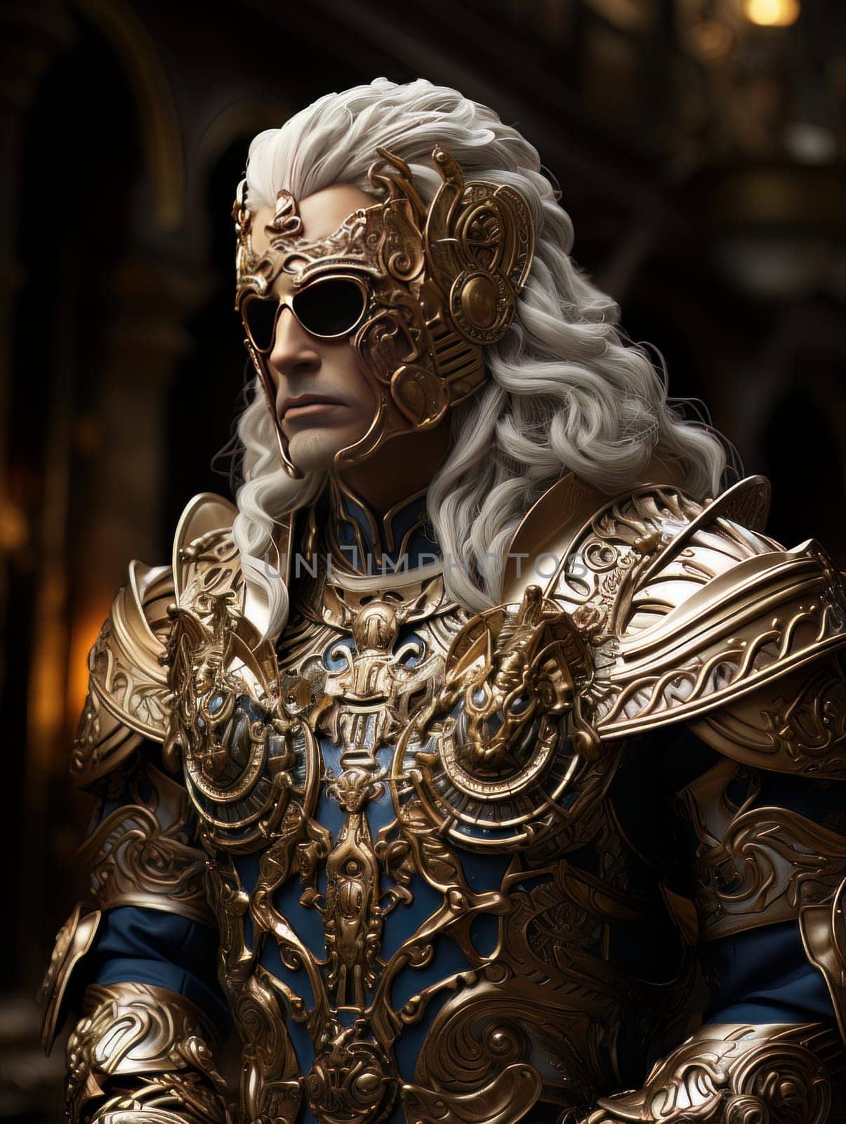 Warlike character in Venetian style equipment and mask. Aristocratic majestic man king warrior, fairy-tale character in comic book or computer game style, AI